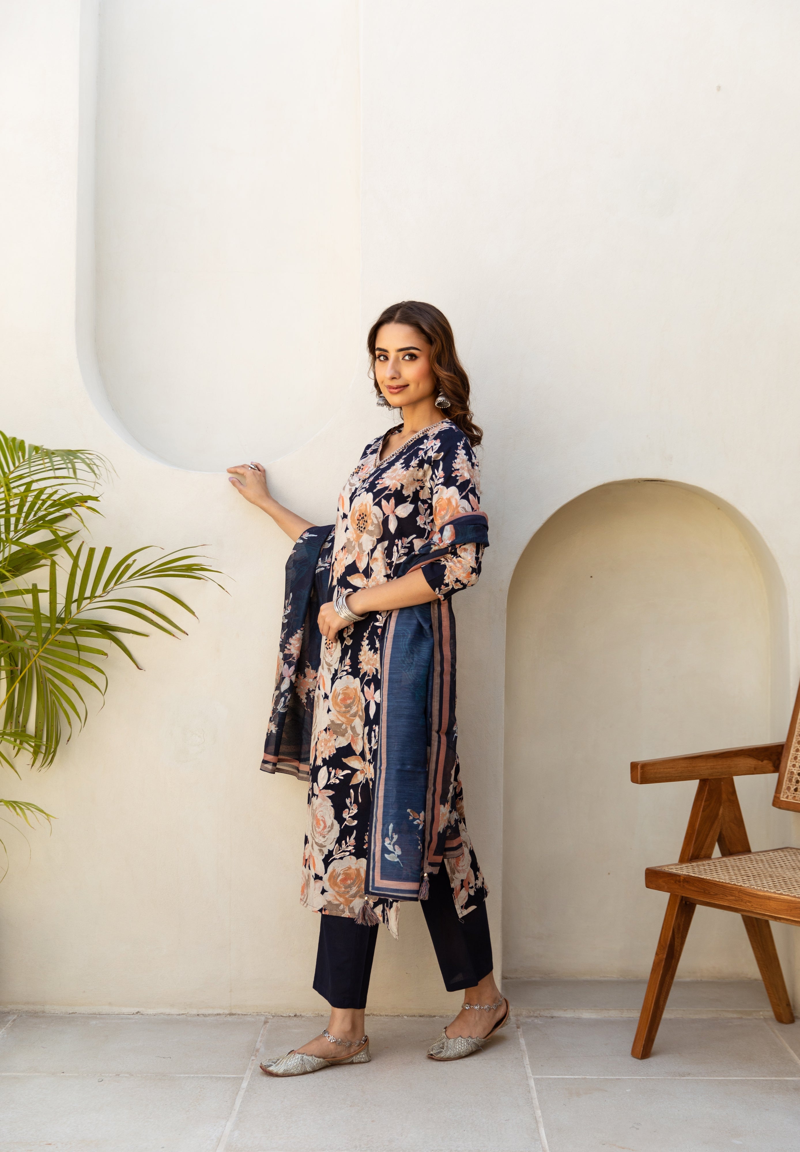Women's Navy Blue Cotton Kurta, Pant and Dupatta Set