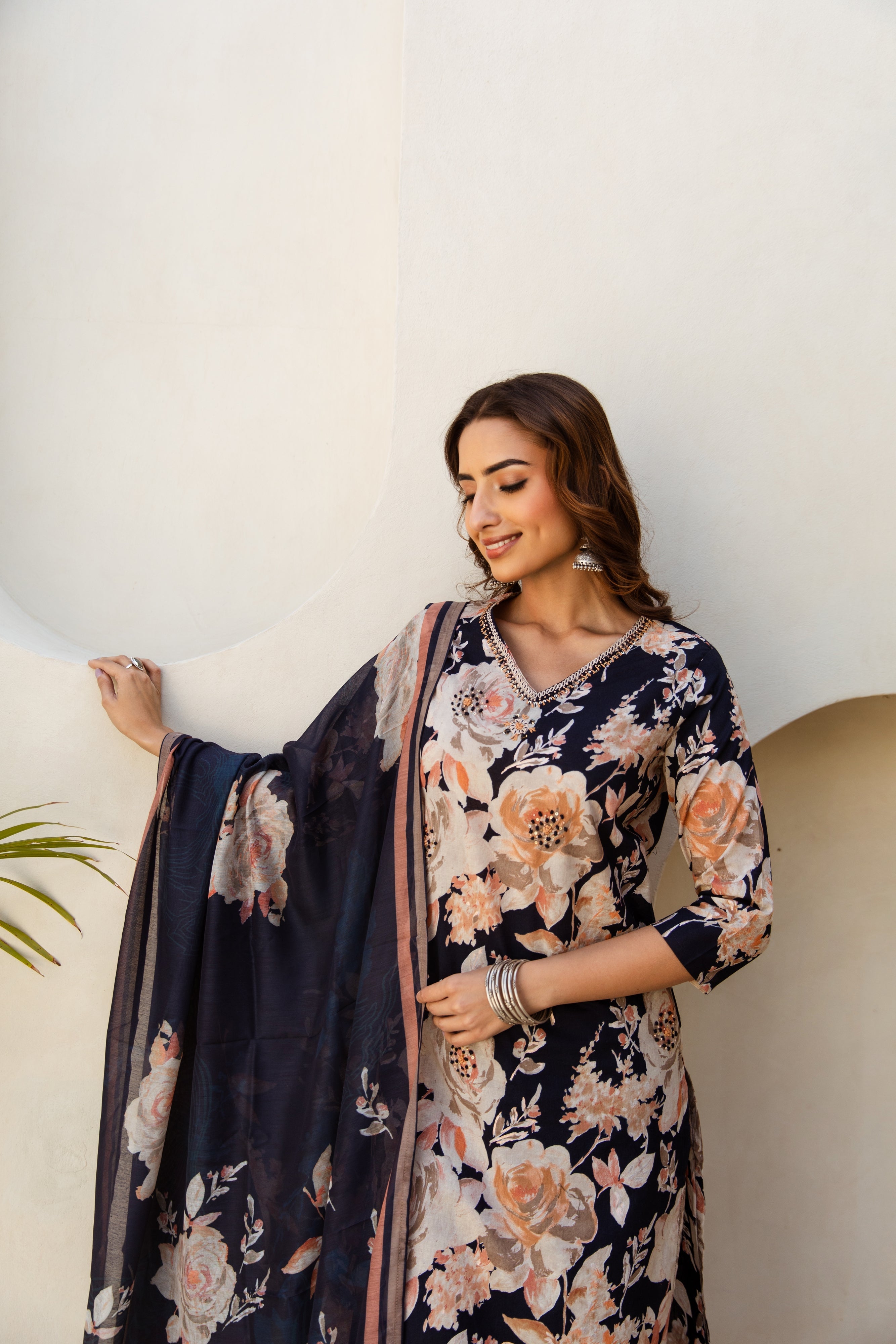 Women's Navy Blue Cotton Kurta, Pant and Dupatta Set