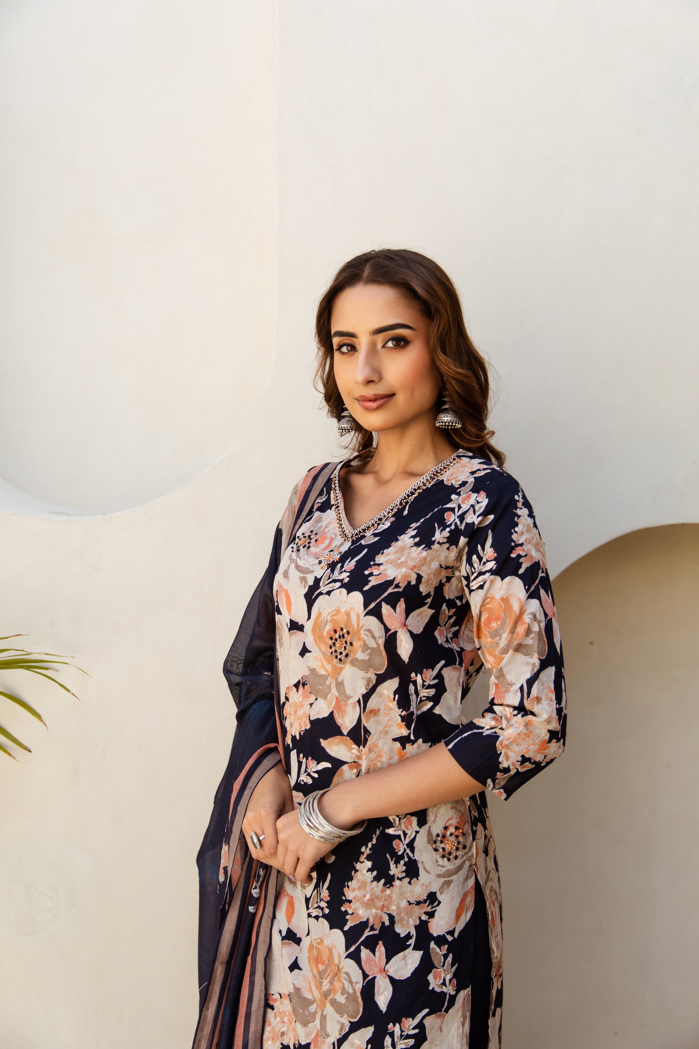 Women's Navy Blue Cotton Kurta, Pant and Dupatta Set