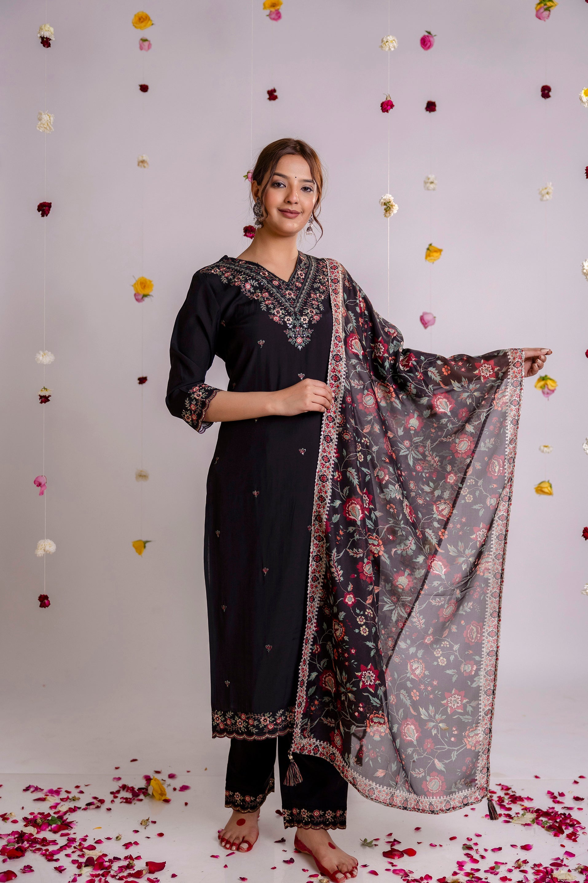 Women's Black Rayon Kurta Pantand Dupatta Set
