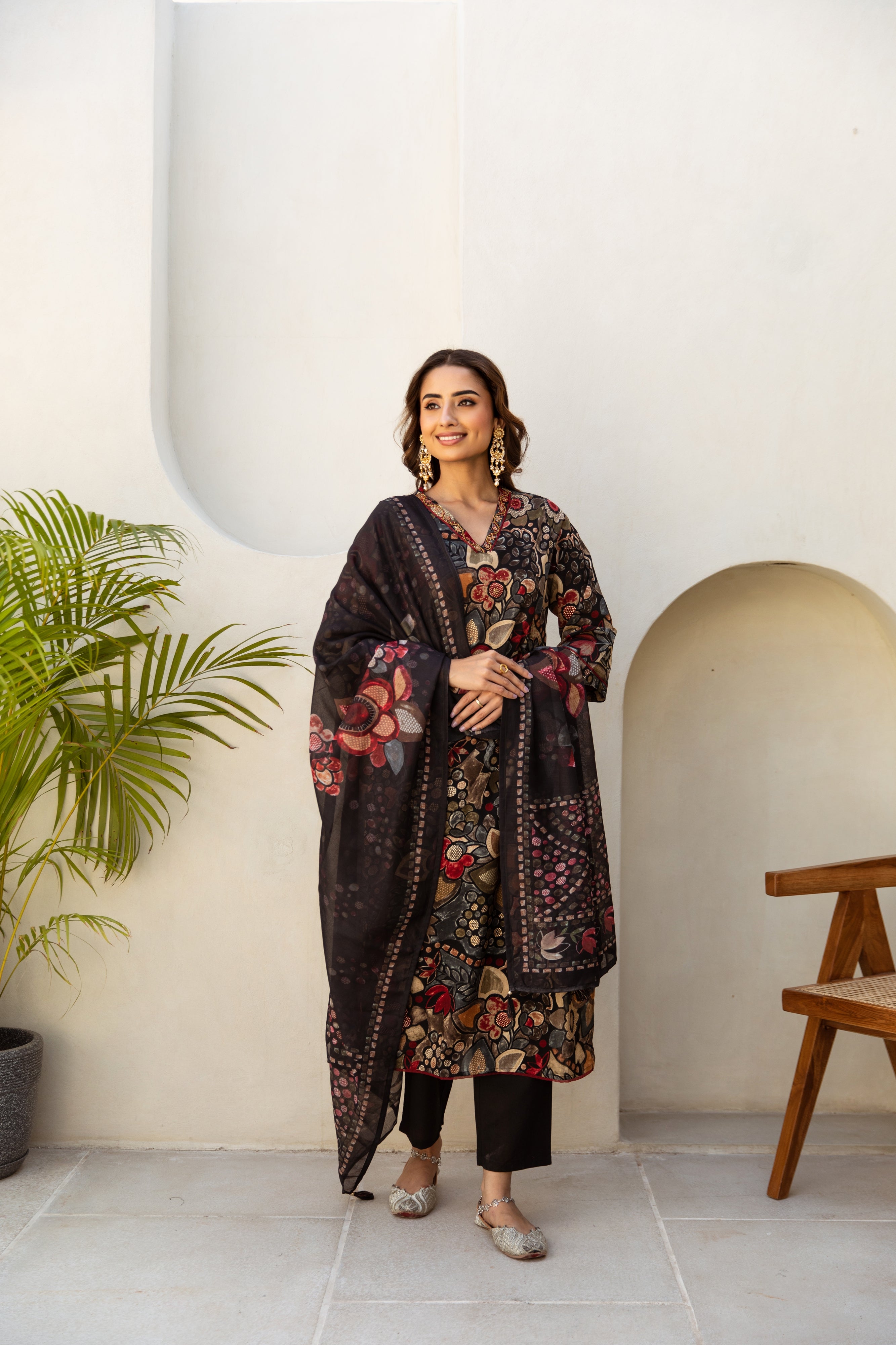 Women's Black Cotton Kurta Pantand Dupatta Set