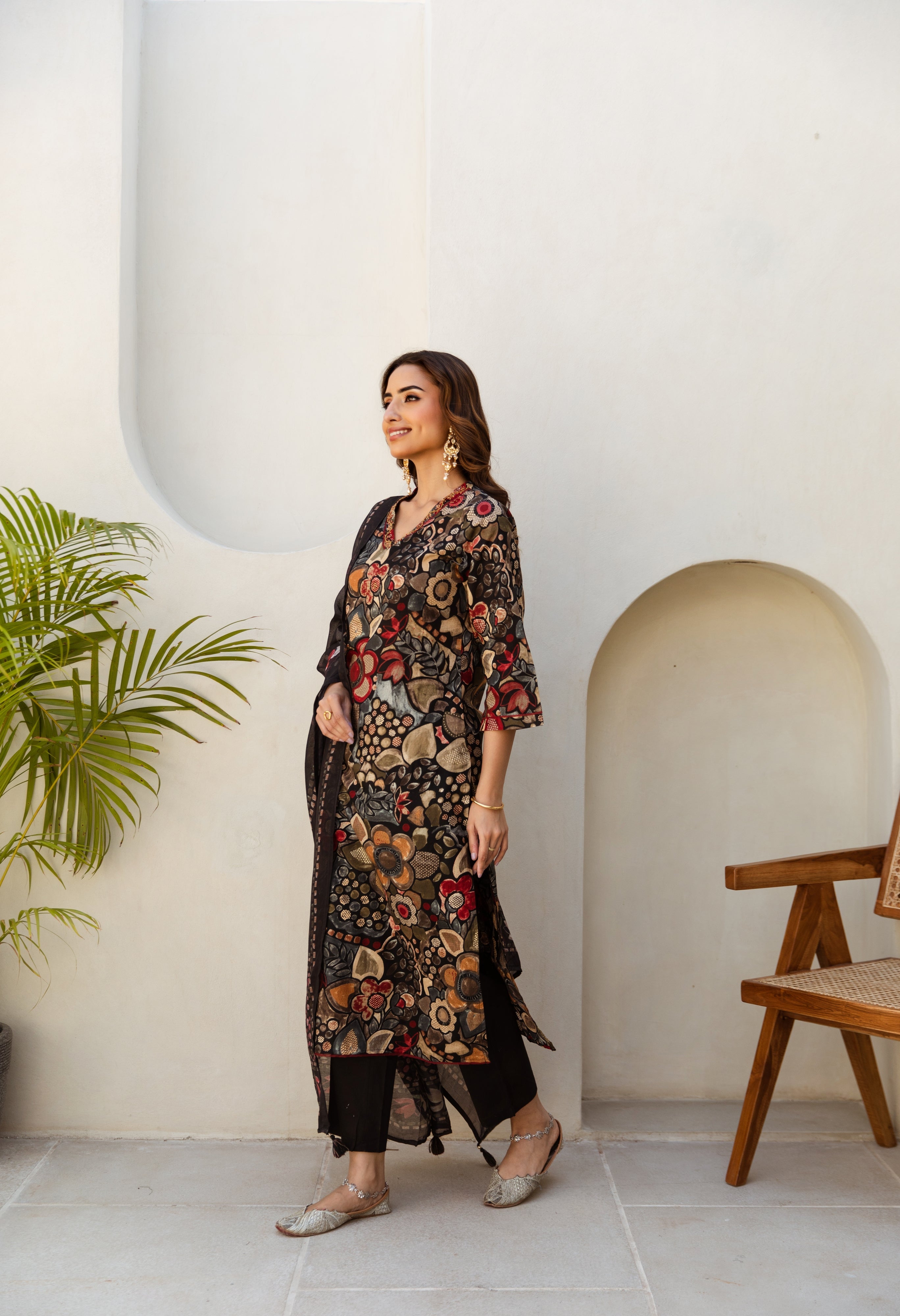 Women's Black Cotton Kurta Pantand Dupatta Set