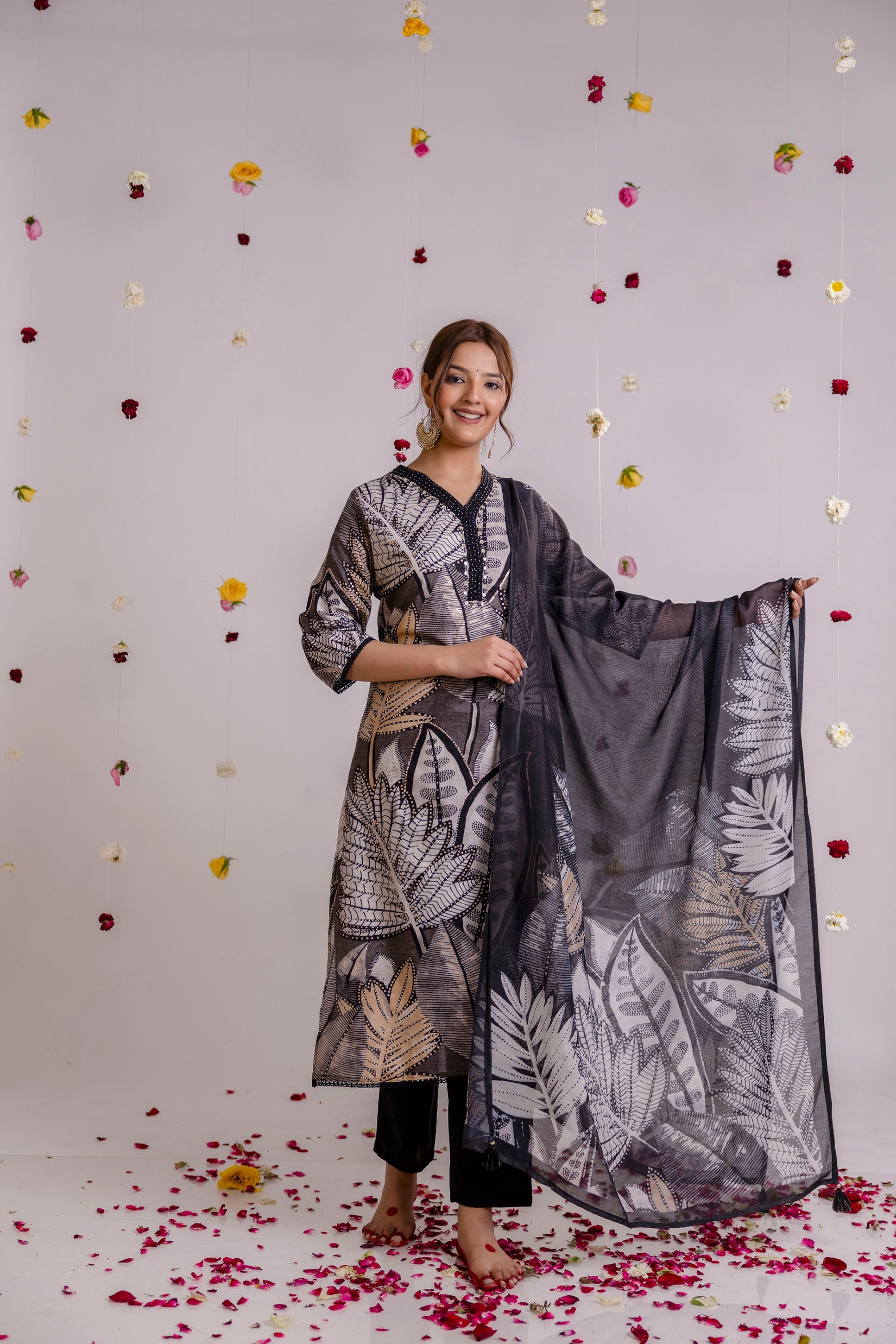 Women's Black Cotton Kurta Pantand Dupatta Set