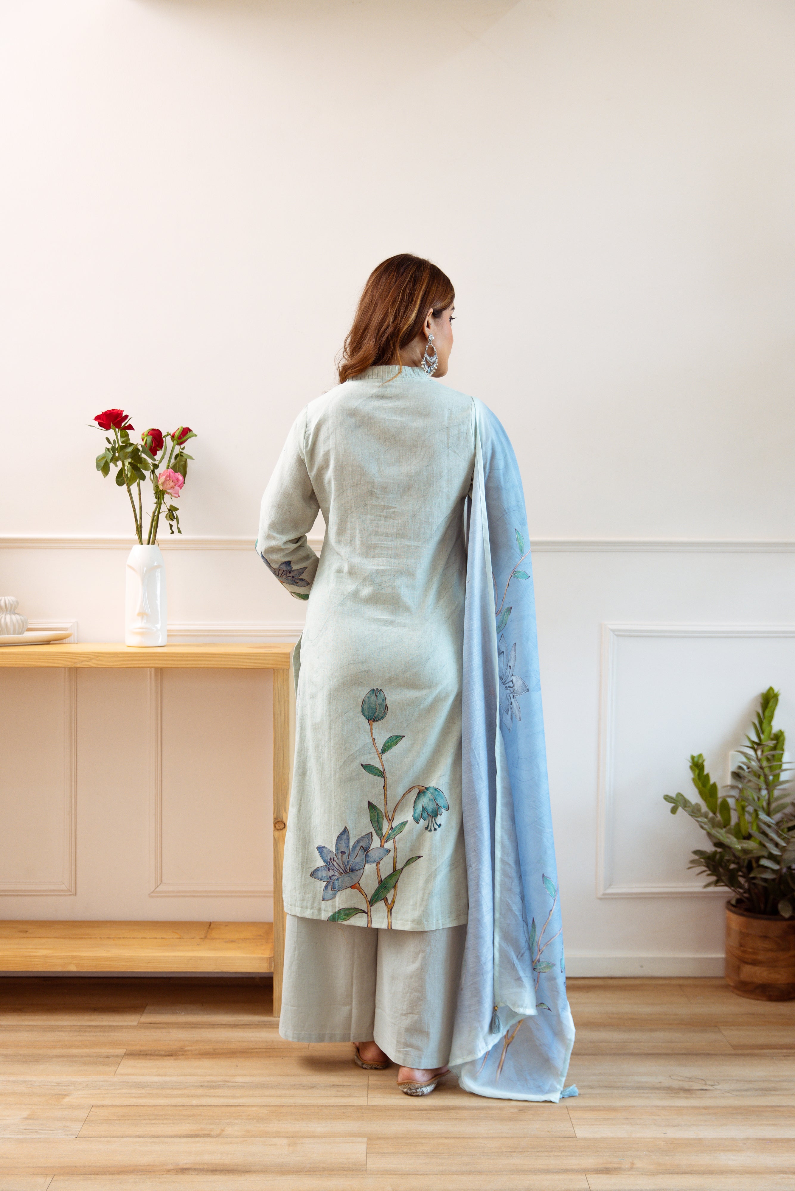 Women's Green Linen Kurta, Palazzo & Dupatta Set