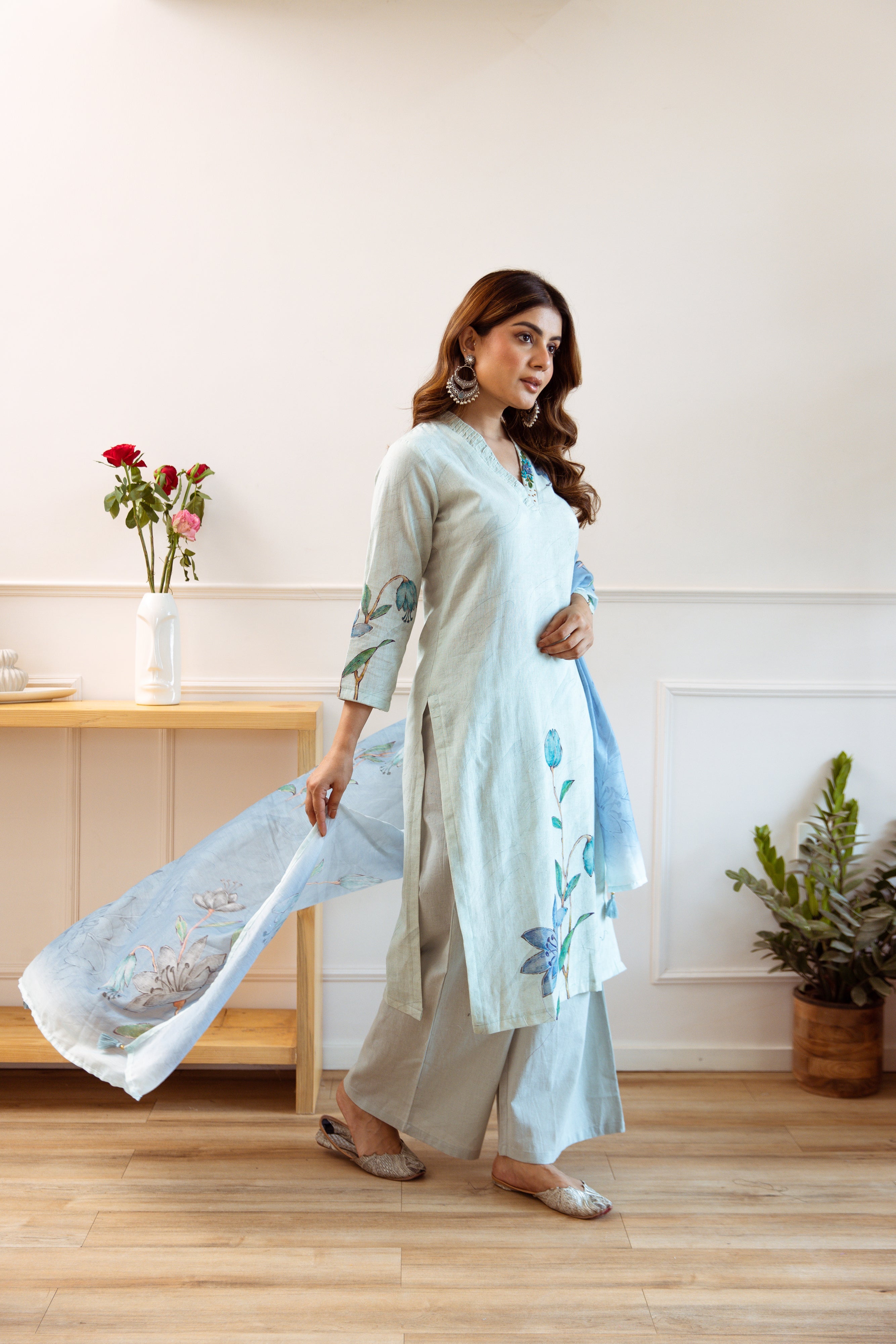 Women's Green Linen Kurta, Palazzo & Dupatta Set