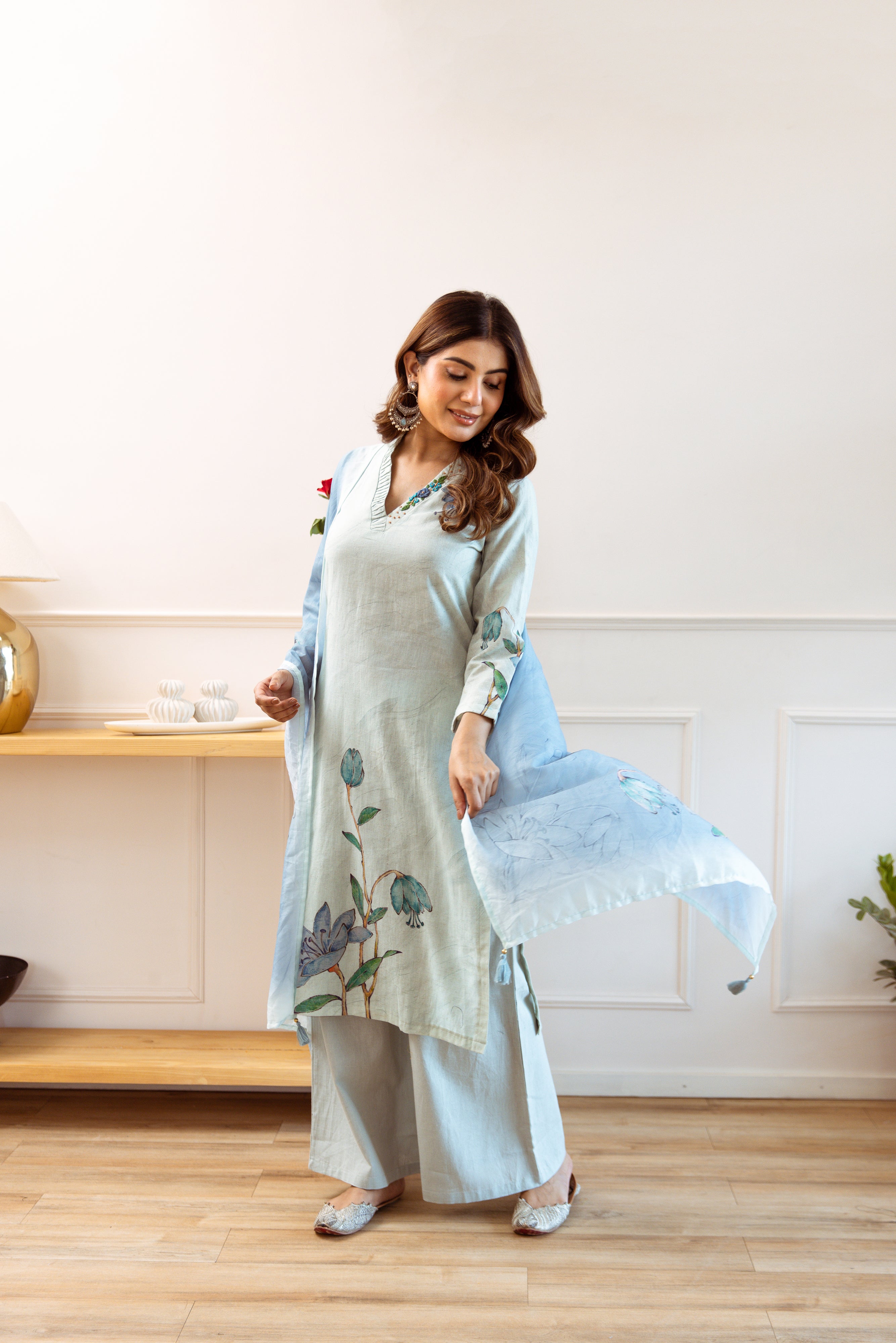 Women's Green Linen Kurta, Palazzo & Dupatta Set