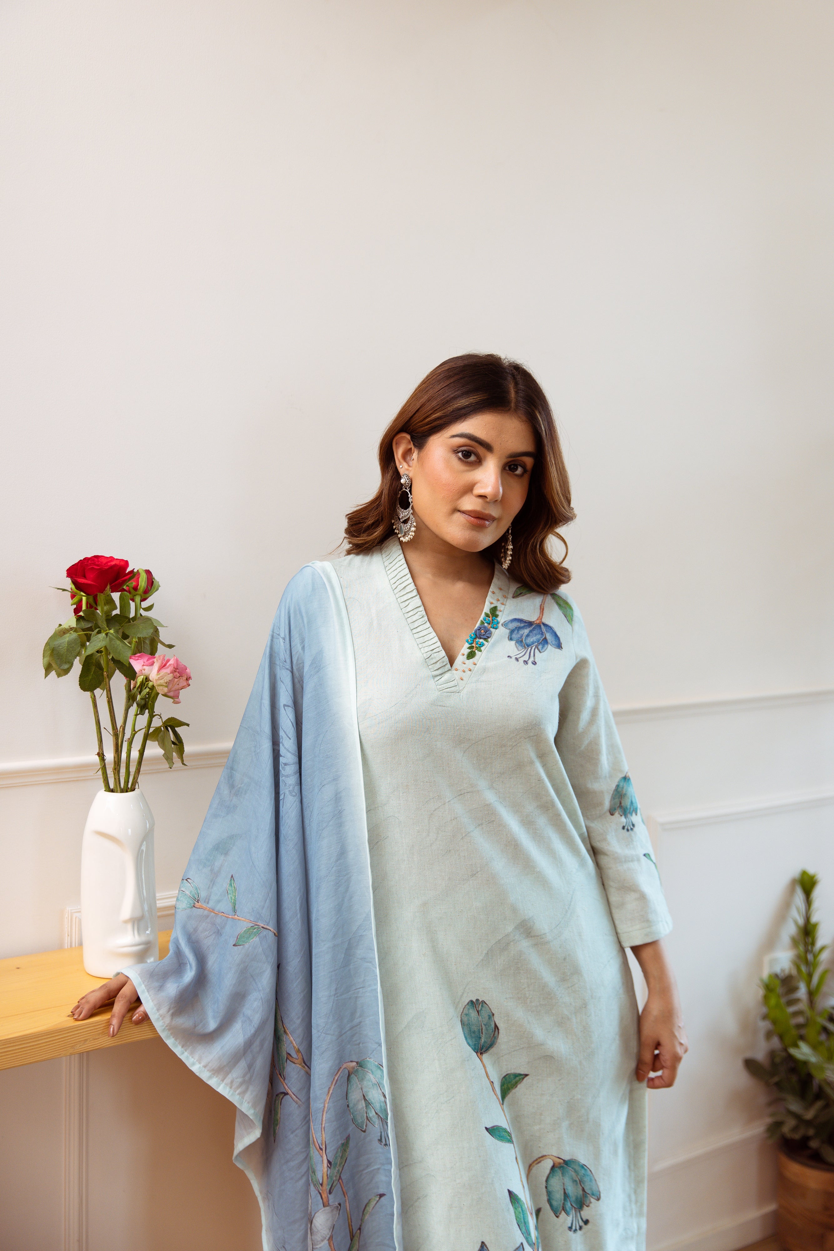 Women's Green Linen Kurta, Palazzo & Dupatta Set
