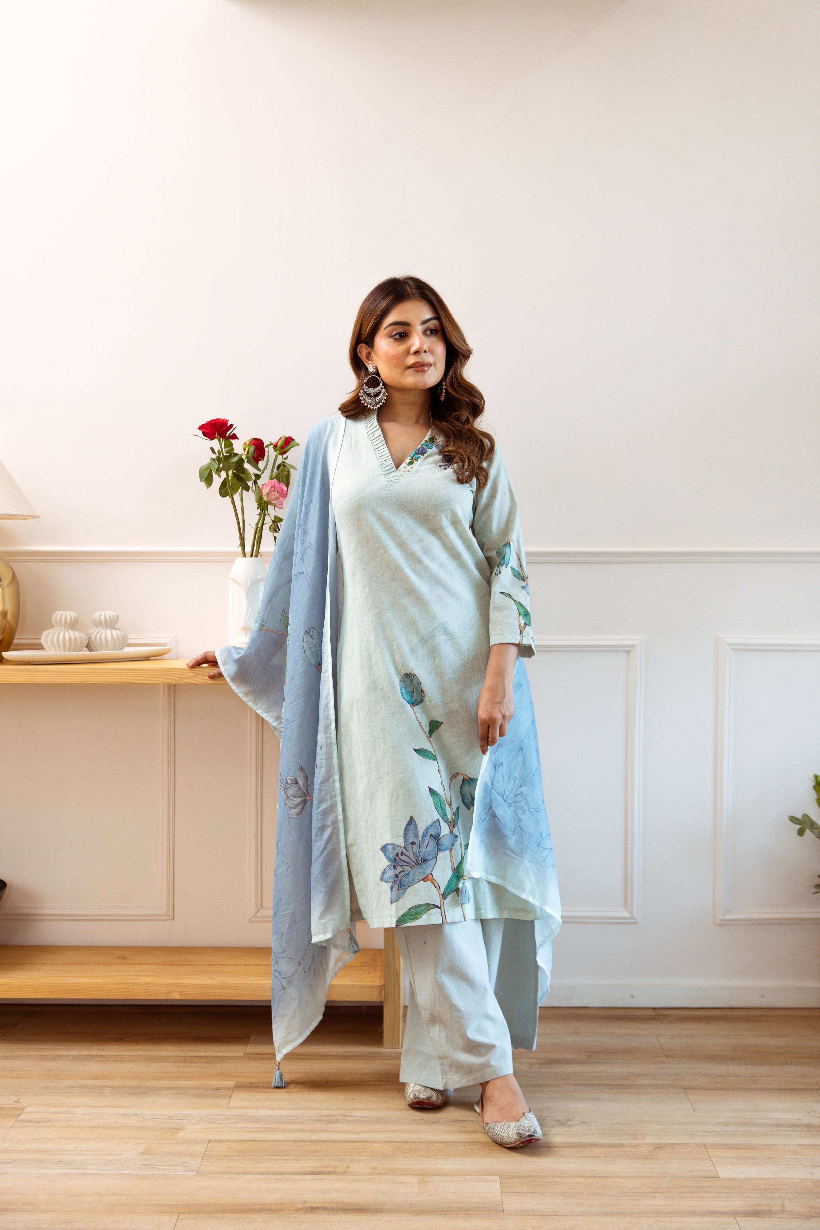 Women's Green Linen Kurta, Palazzo & Dupatta Set