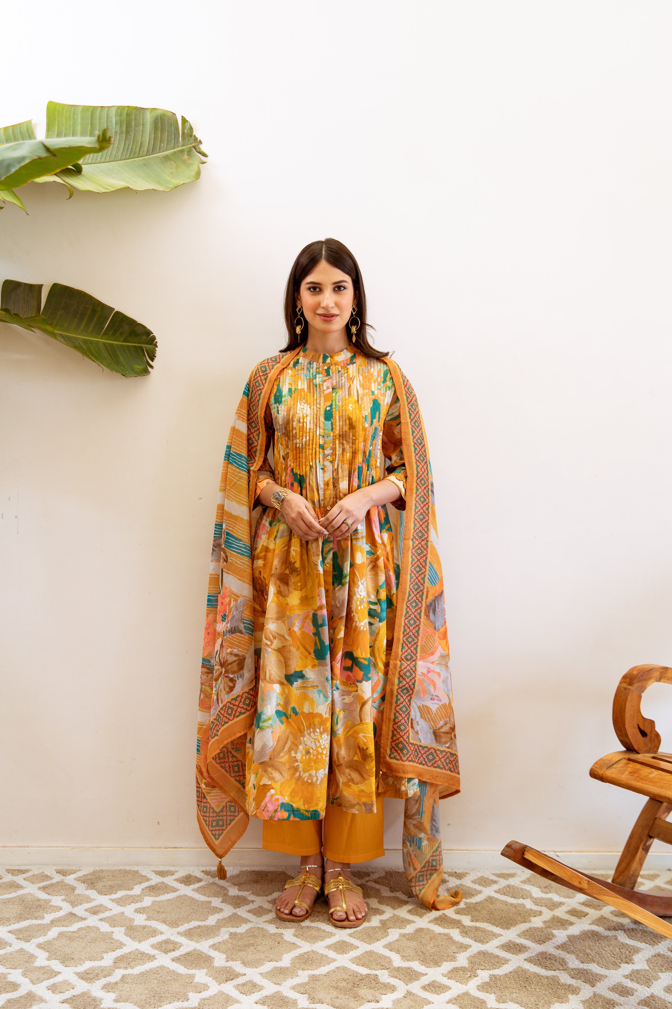 Women's Mustard Cotton Kurta, Pant & Dupatta Set