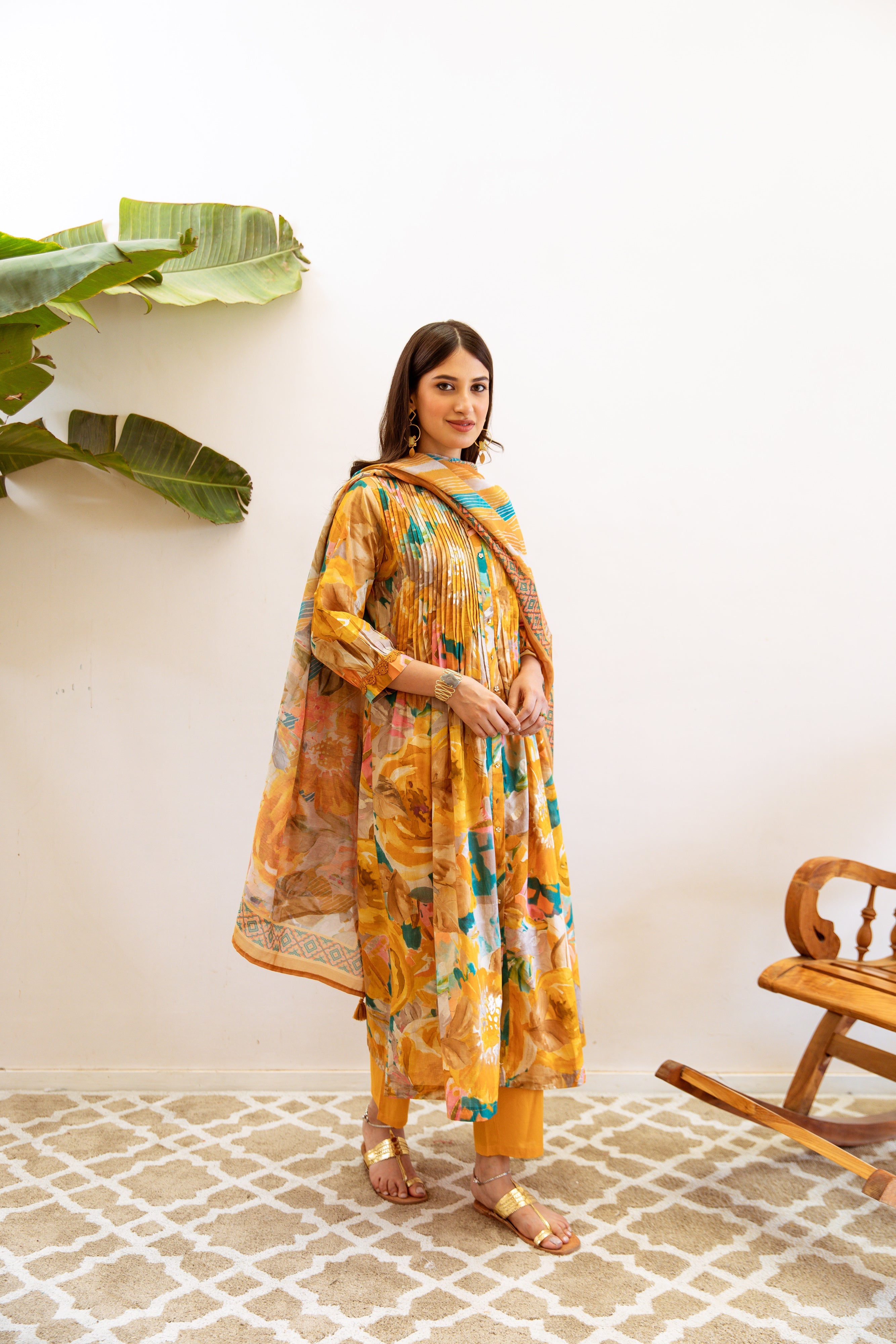 Women's Mustard Cotton Kurta, Pant & Dupatta Set
