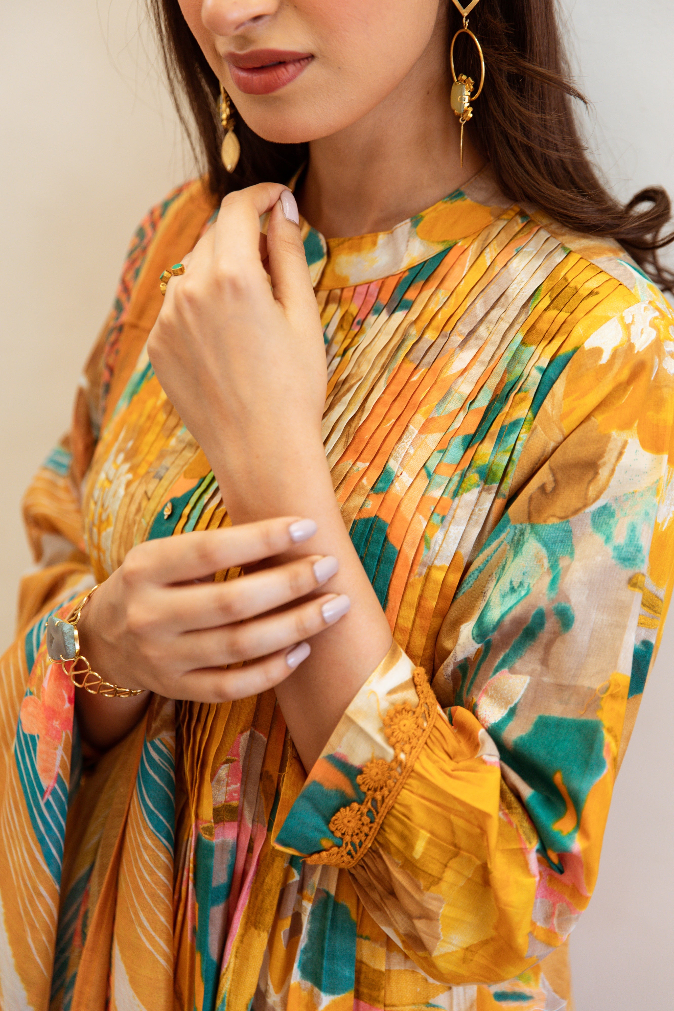 Women's Mustard Cotton Kurta, Pant & Dupatta Set