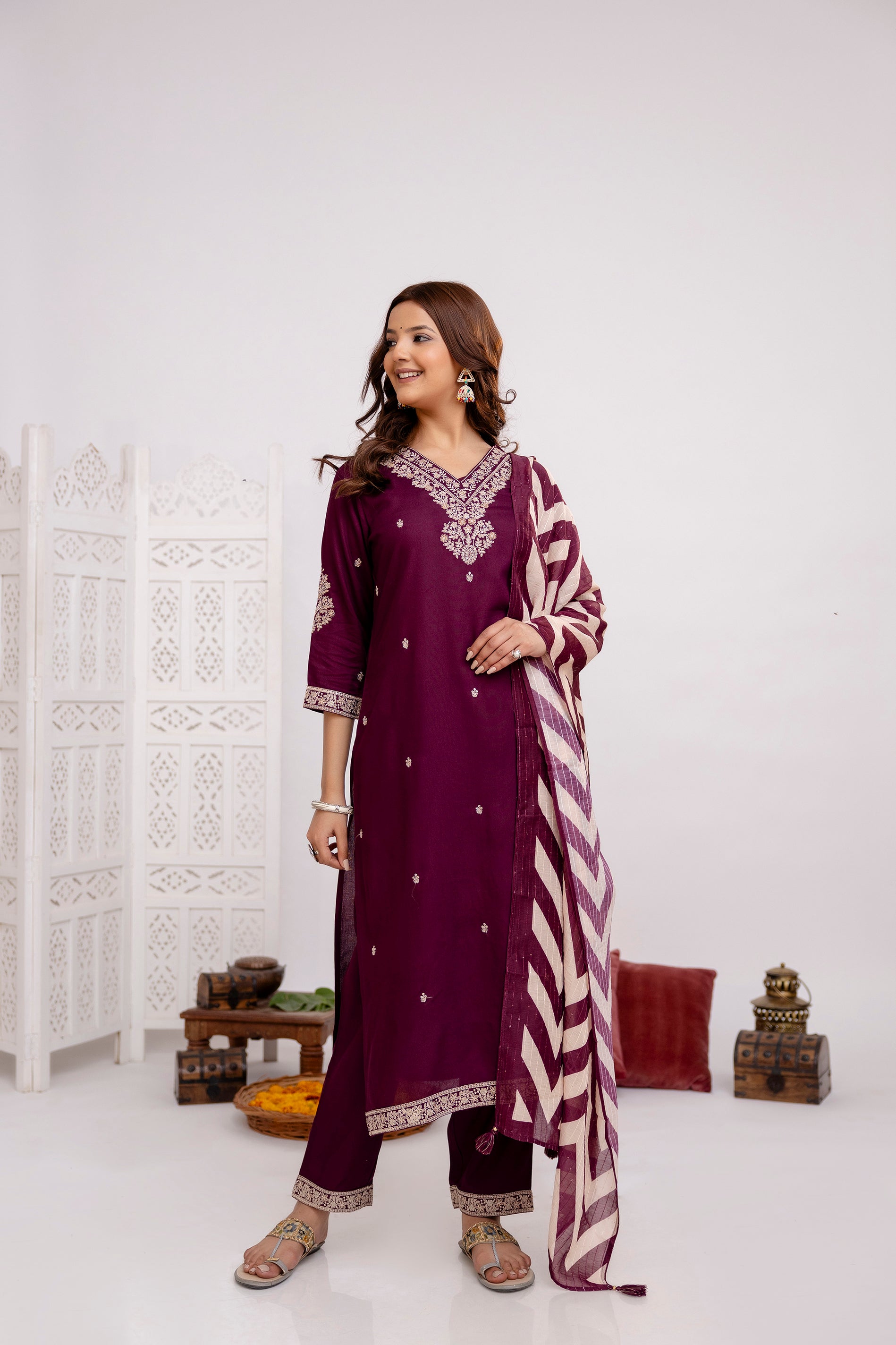Women's Wine Rayon Kurta, Pant & Dupatta Set