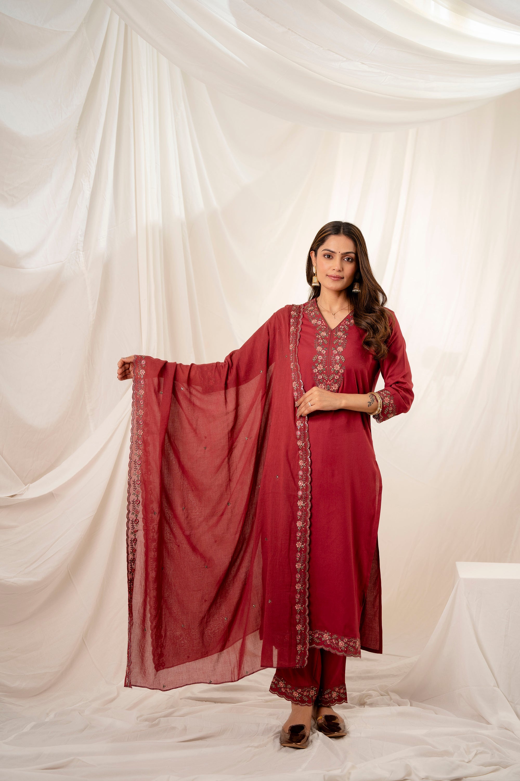Women's Maroon Rayon Kurta, Pant & Dupatta Set