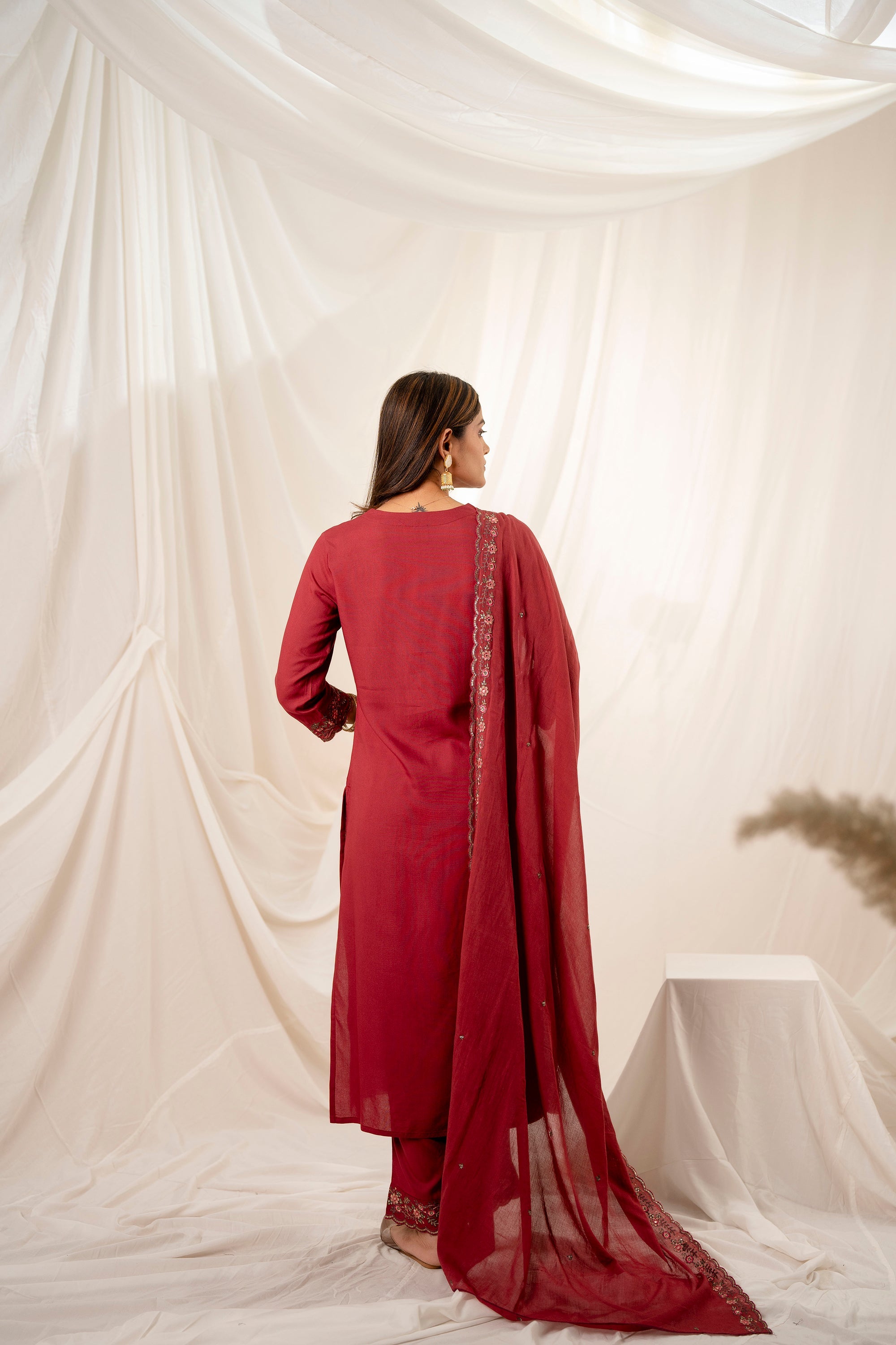 Women's Maroon Rayon Kurta, Pant & Dupatta Set