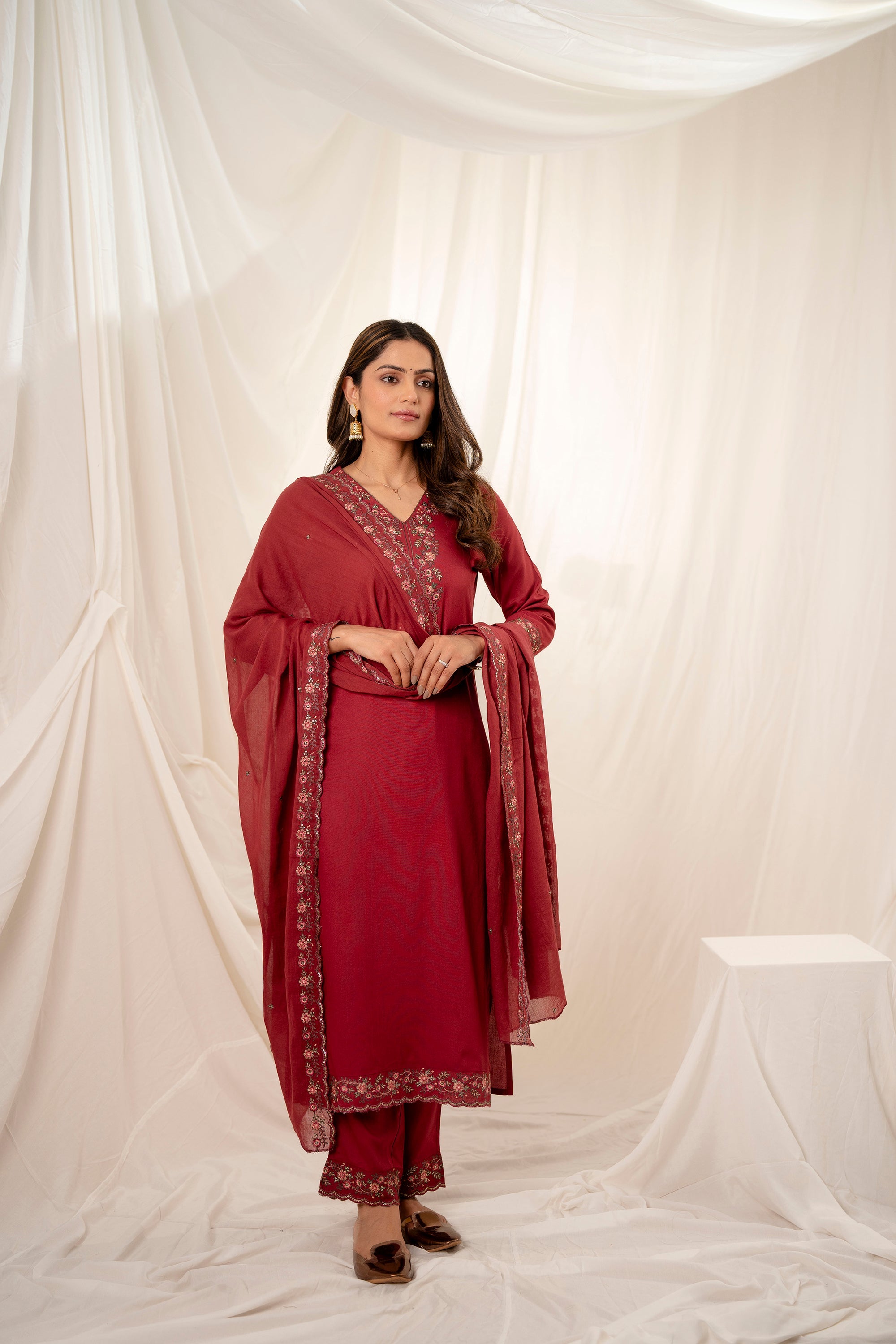 Women's Maroon Rayon Kurta, Pant & Dupatta Set