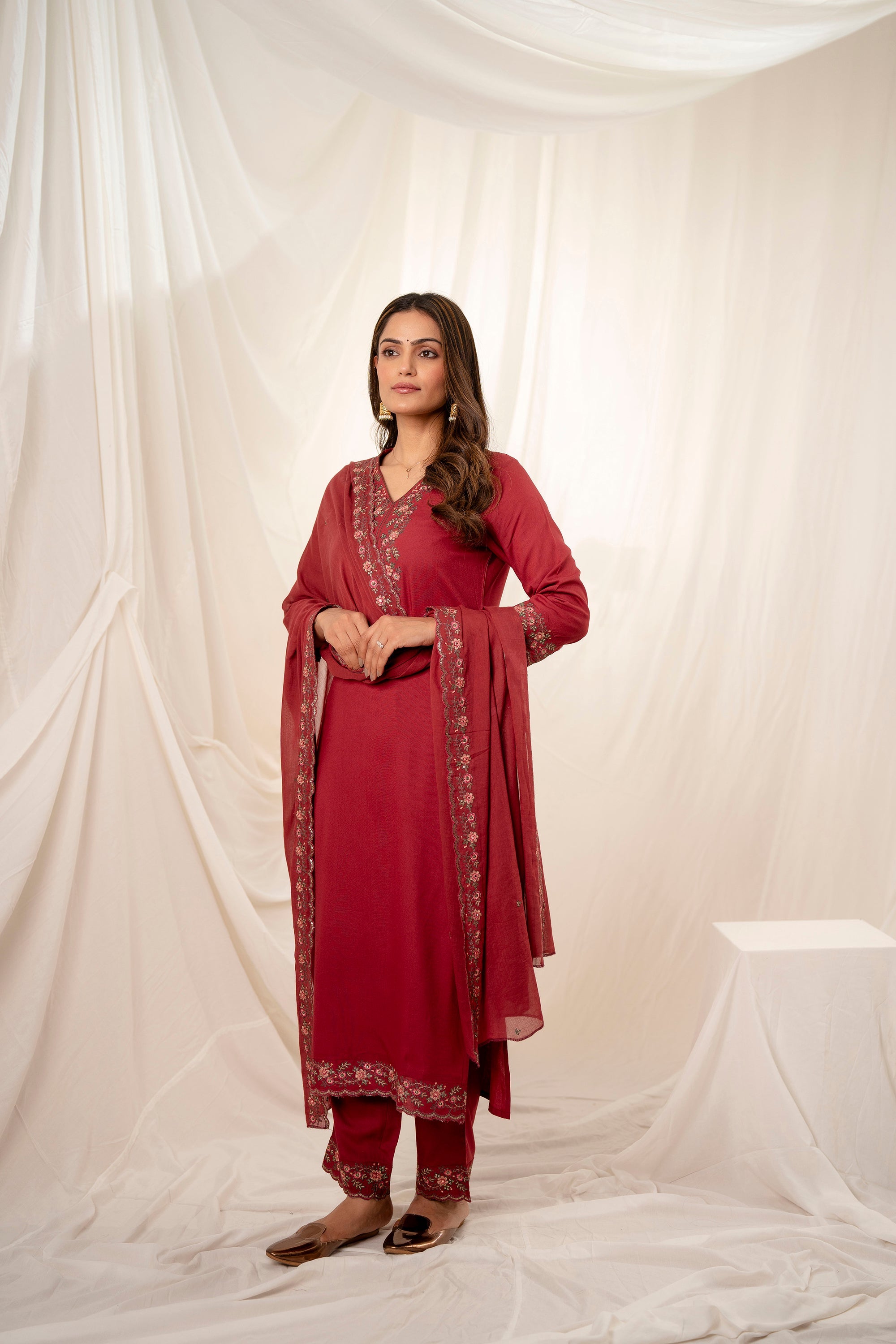 Women's Maroon Rayon Kurta, Pant & Dupatta Set