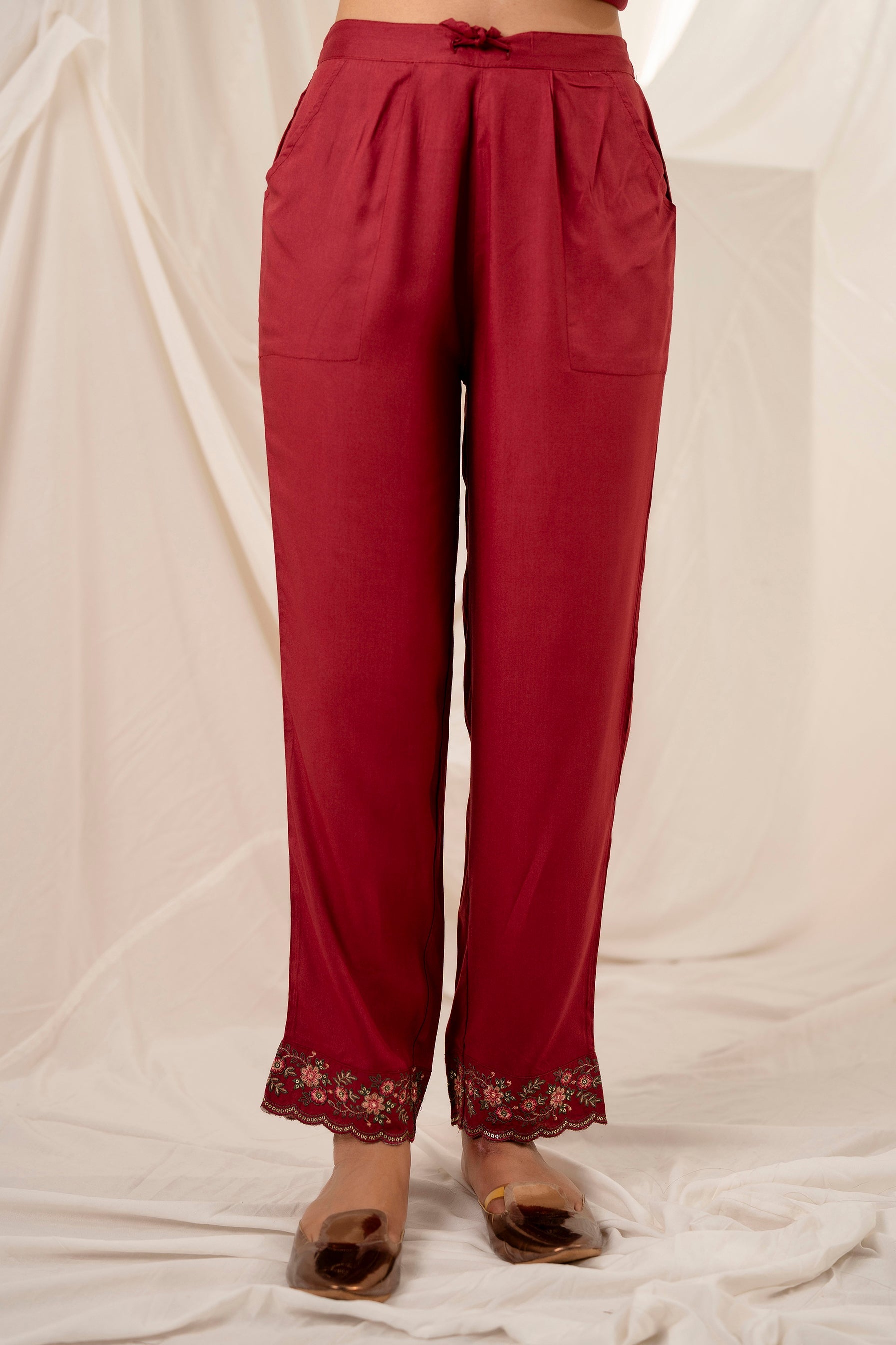 Women's Maroon Rayon Kurta, Pant & Dupatta Set