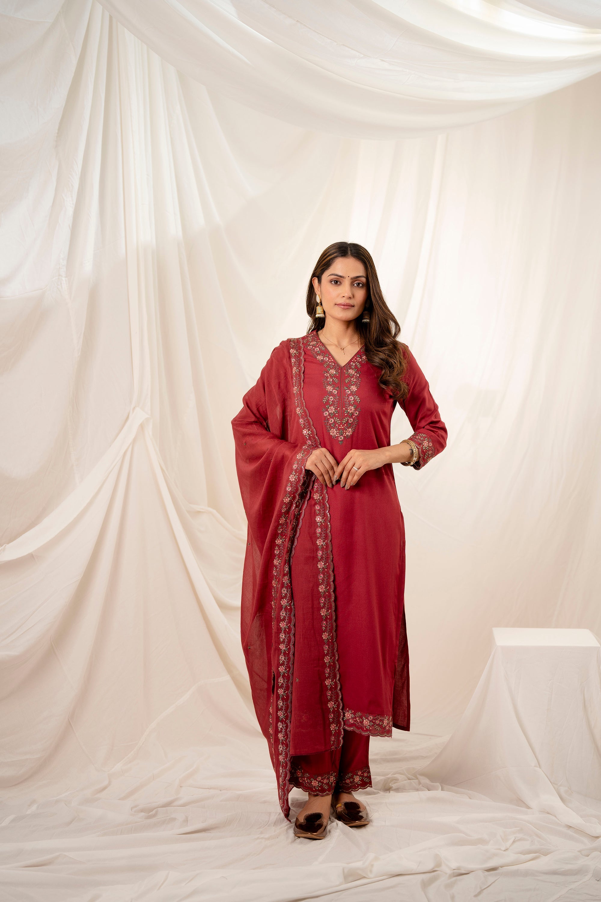 Women's Maroon Rayon Kurta, Pant & Dupatta Set
