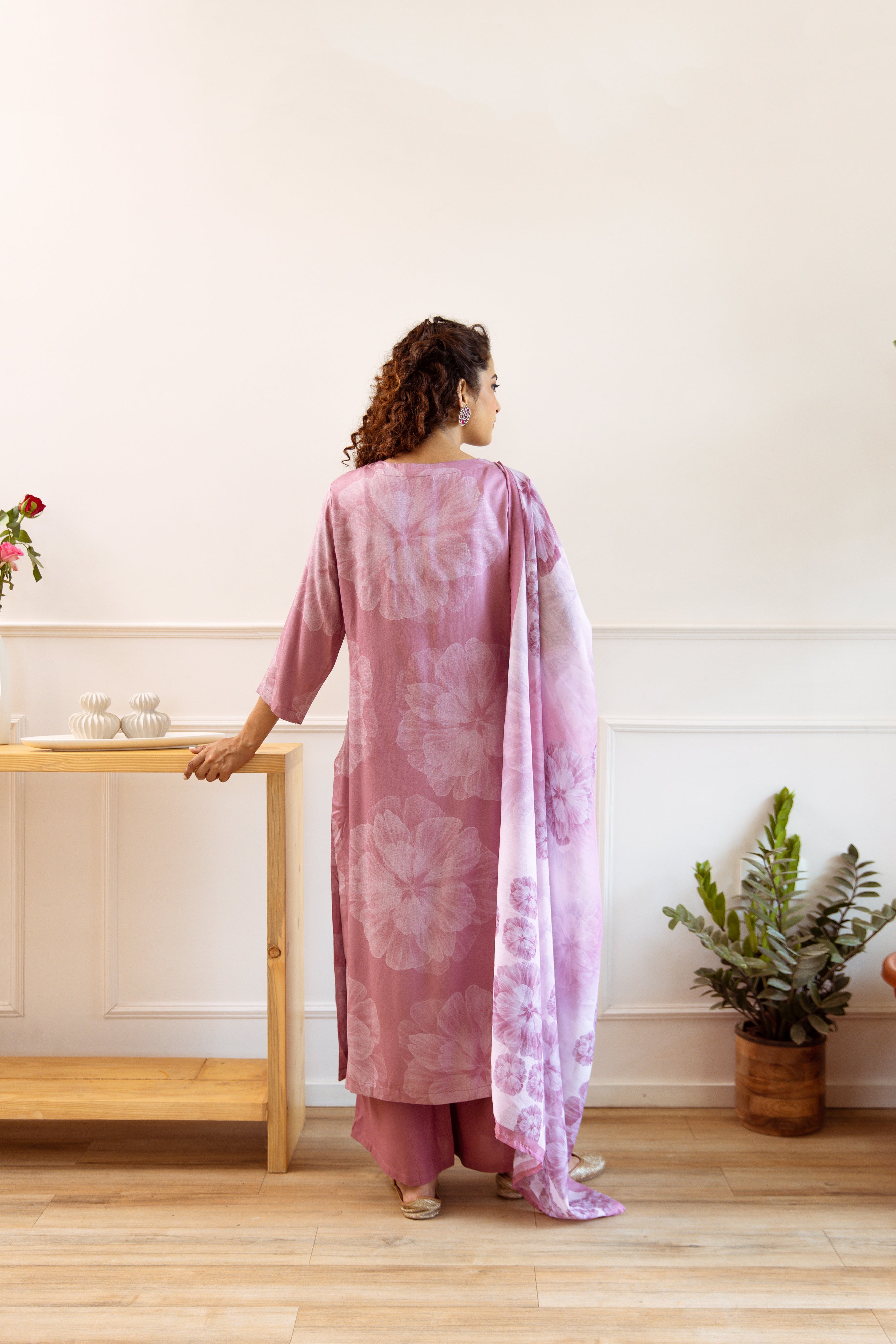 Women's Peach Rayon Kurta, Palazzo & Dupatta Set