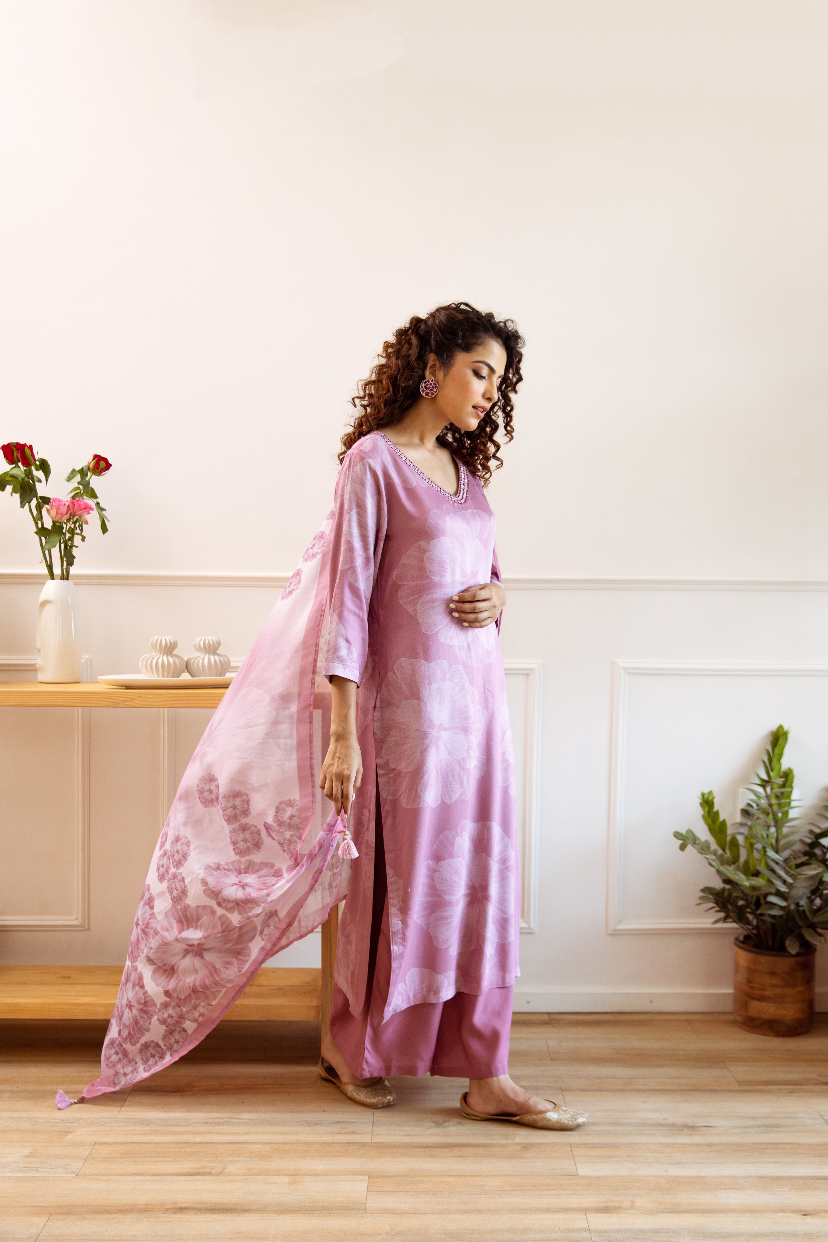 Women's Peach Rayon Kurta, Palazzo & Dupatta Set