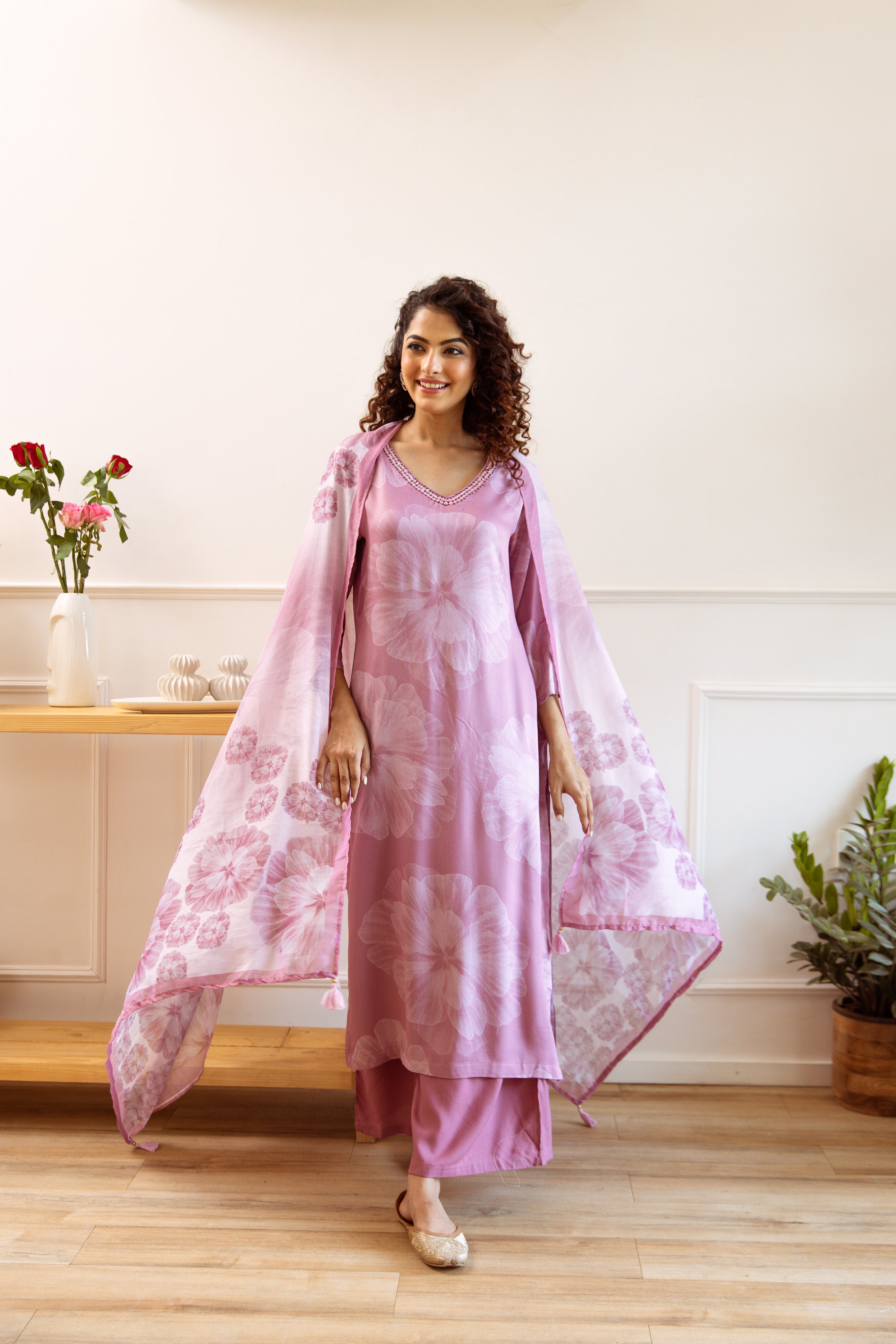 Women's Peach Rayon Kurta, Palazzo & Dupatta Set