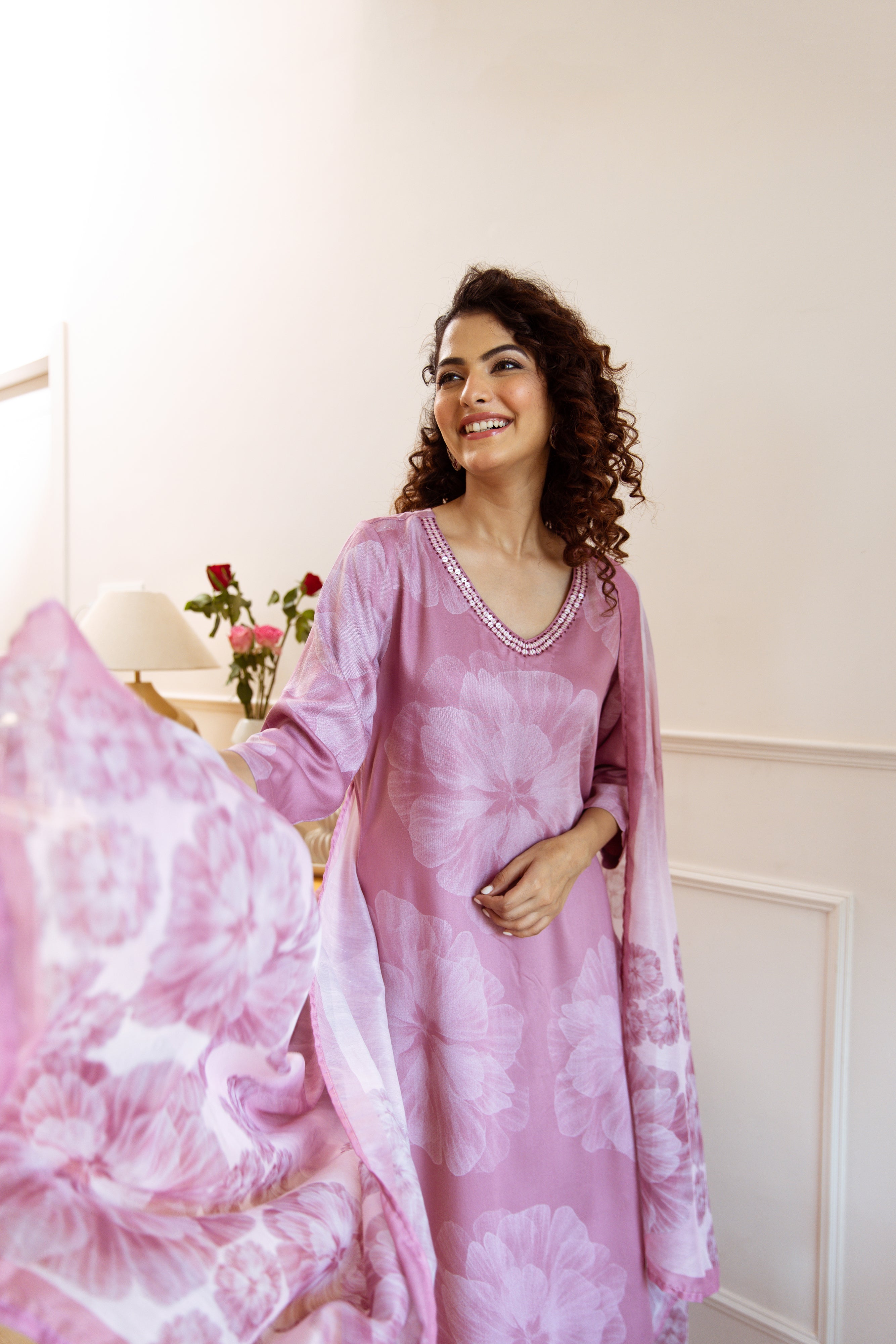 Women's Peach Rayon Kurta, Palazzo & Dupatta Set