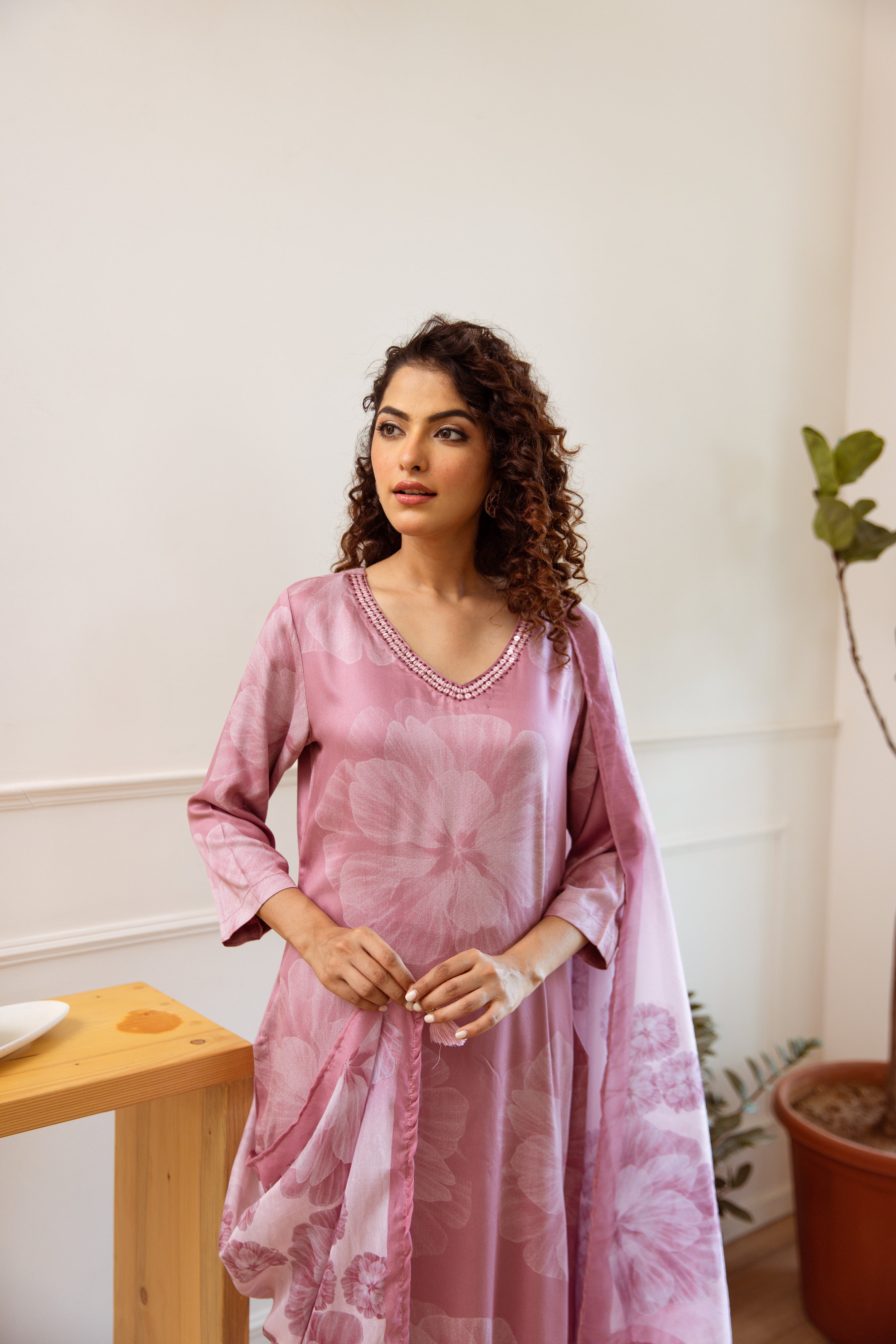 Women's Peach Rayon Kurta, Palazzo & Dupatta Set