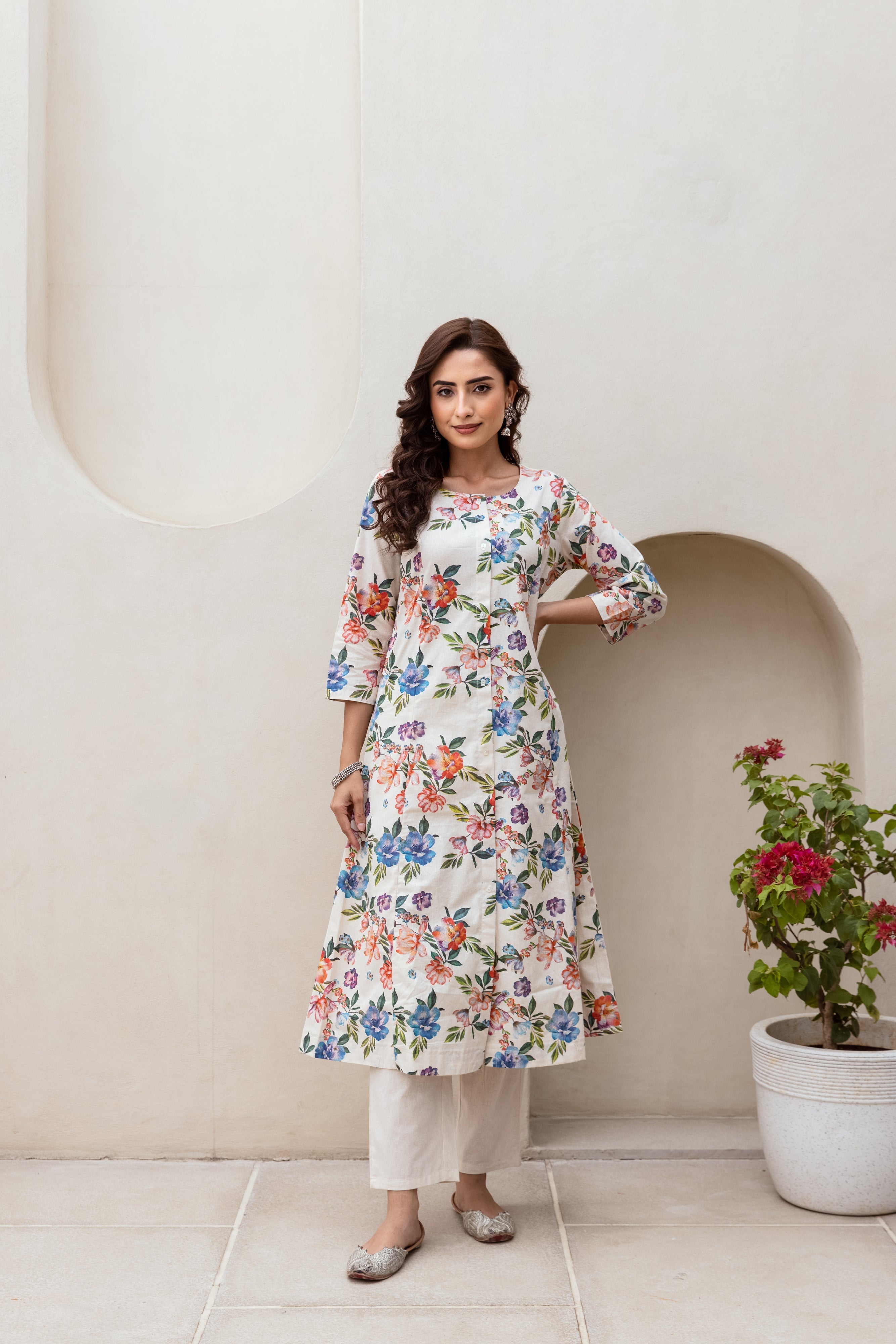 Women's Beige Cotton Flex Kurta Pant Set
