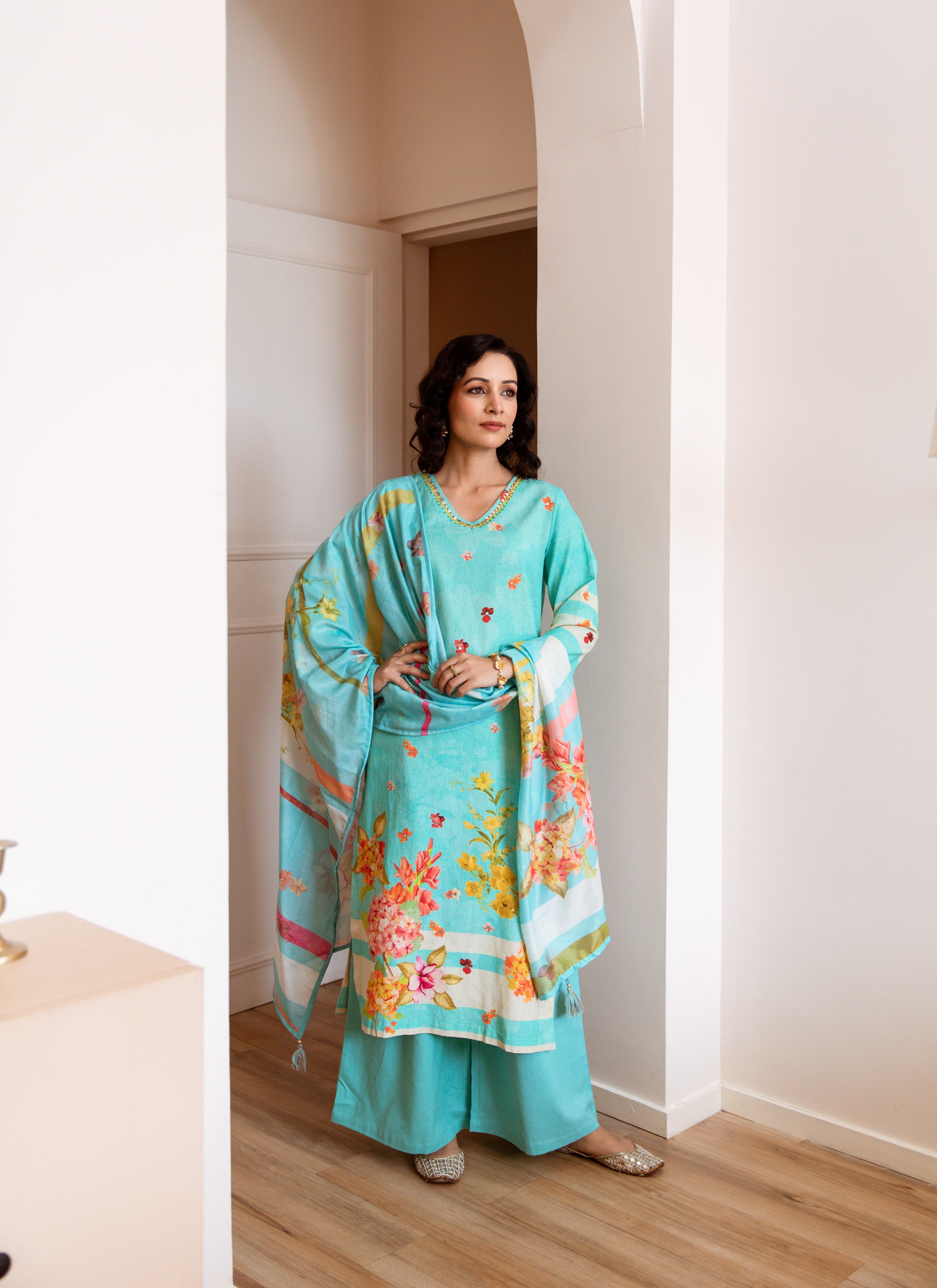 Women's Turquoise Linen Flex Kurta Palazzo and Dupatta Set