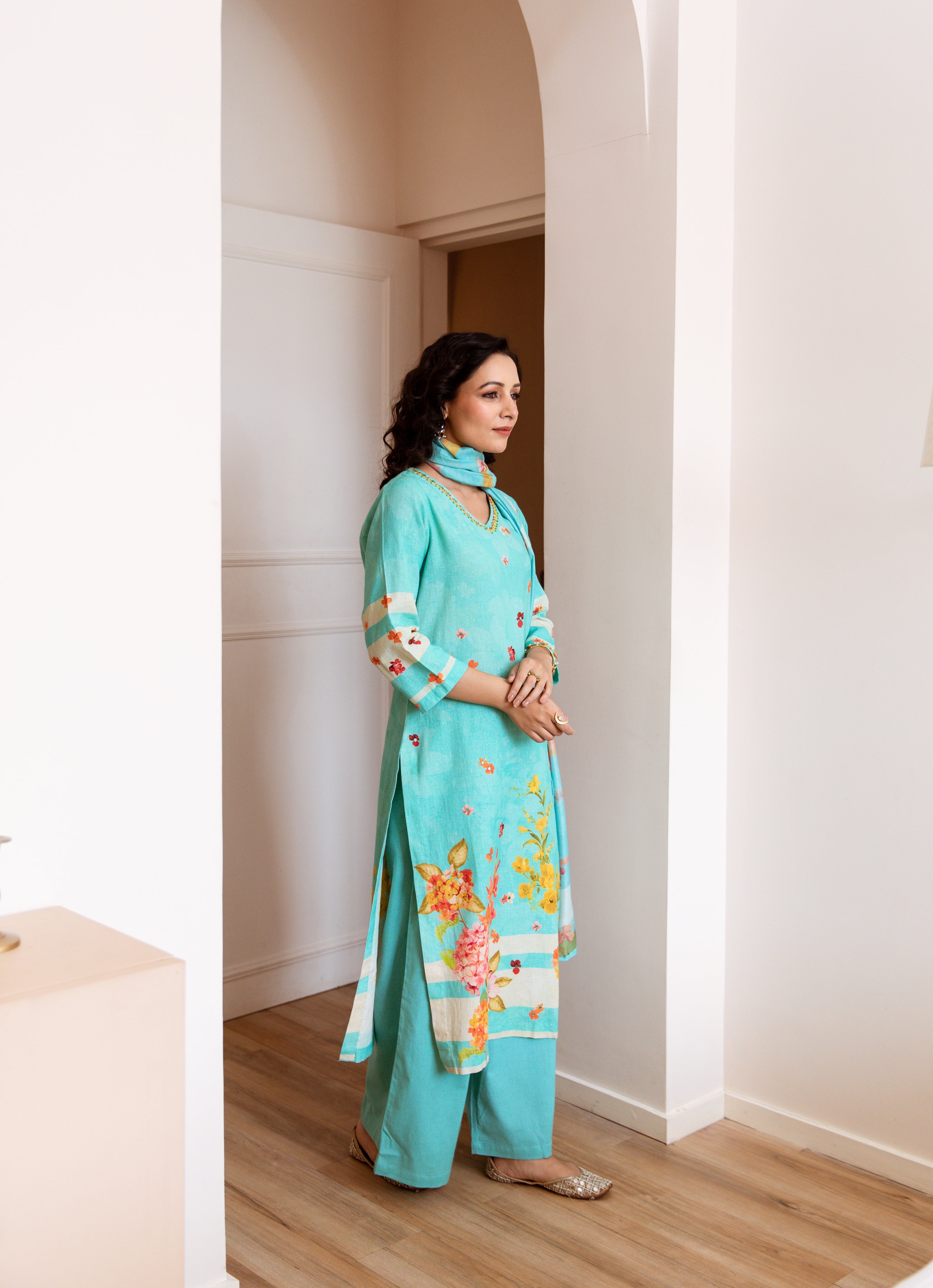 Women's Turquoise Linen Flex Kurta Palazzo and Dupatta Set