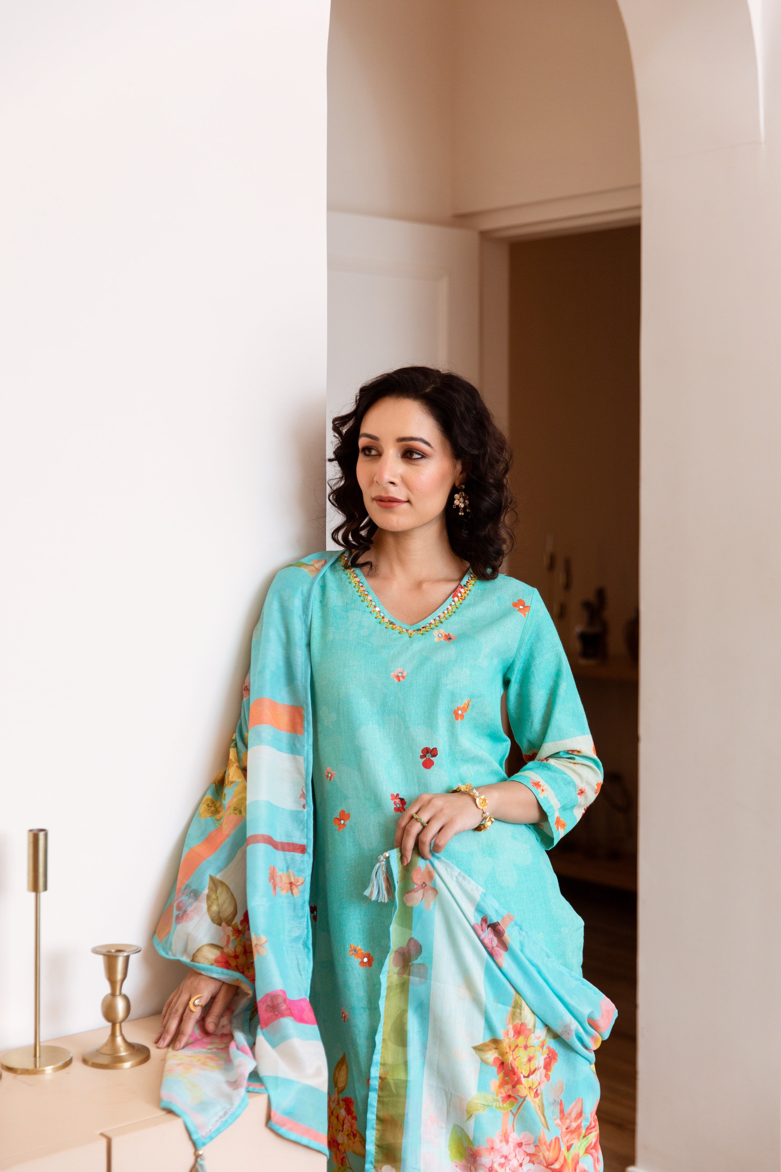 Women's Turquoise Linen Flex Kurta Palazzo and Dupatta Set
