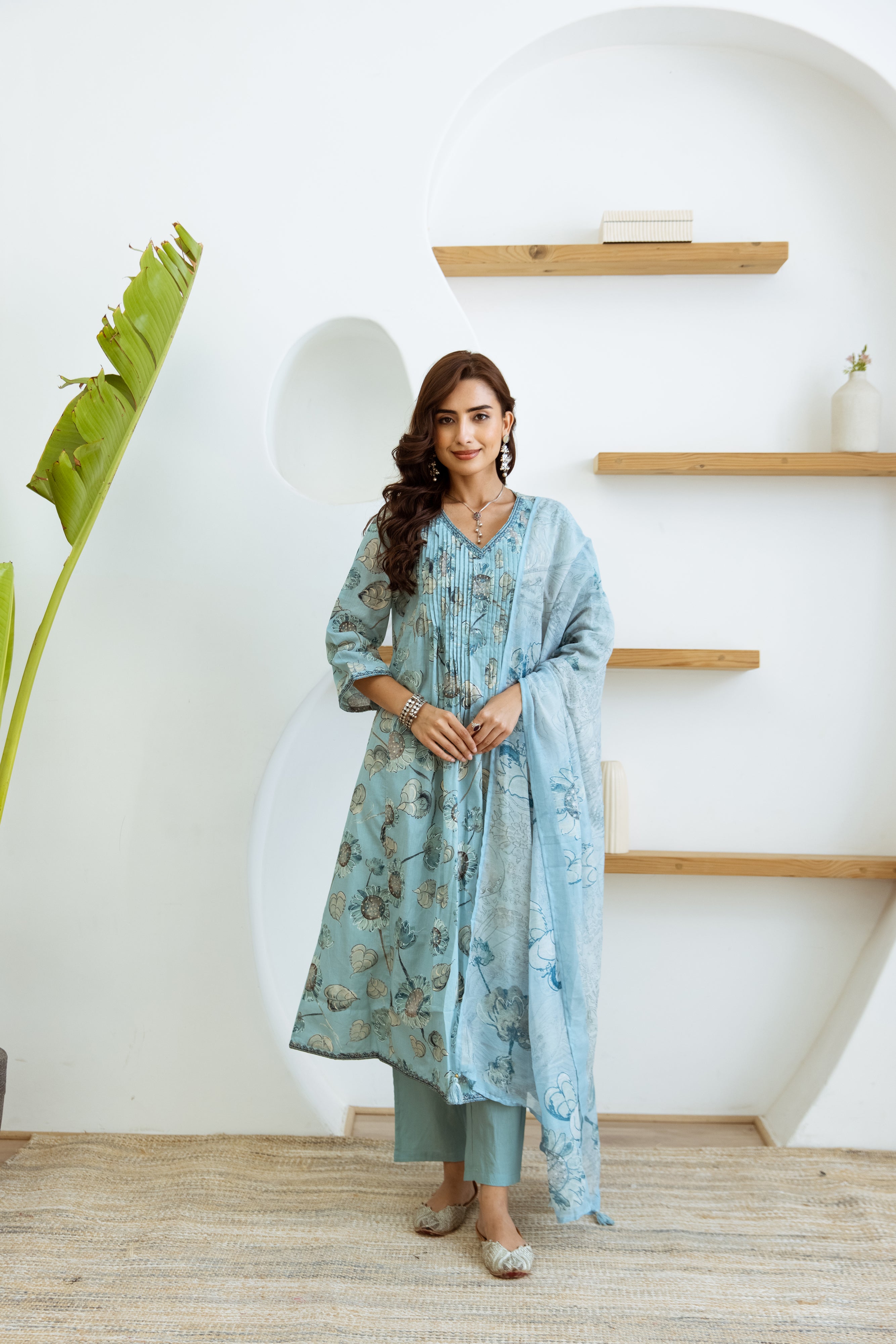 Women's Turquoise Cotton Kurta Pant and Dupatta Set