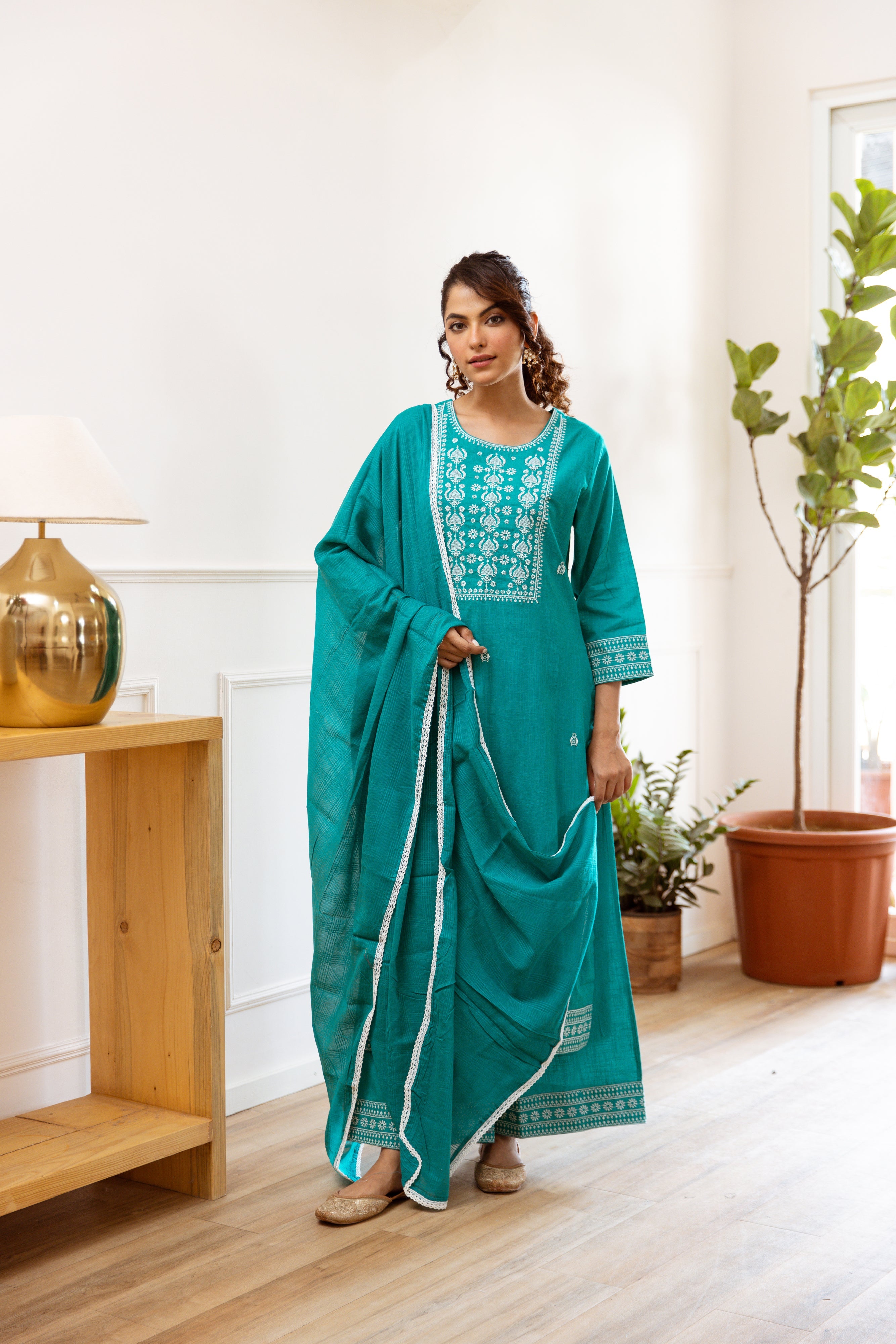 Women's Green Cotton Slub Kurta, Palazzo and Dupatta Set
