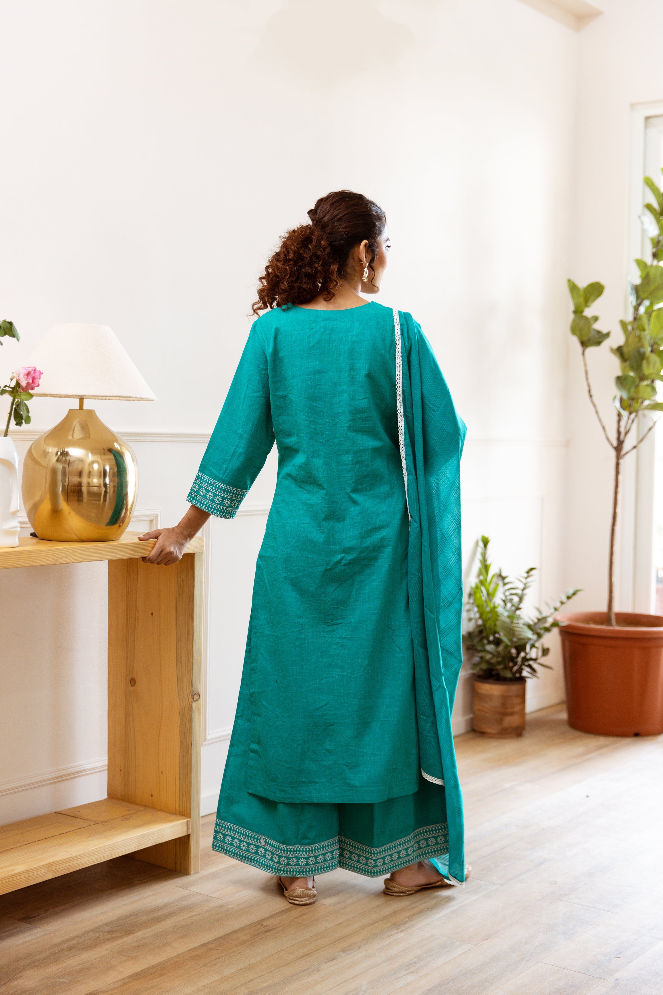 Women's Green Cotton Slub Kurta, Palazzo and Dupatta Set