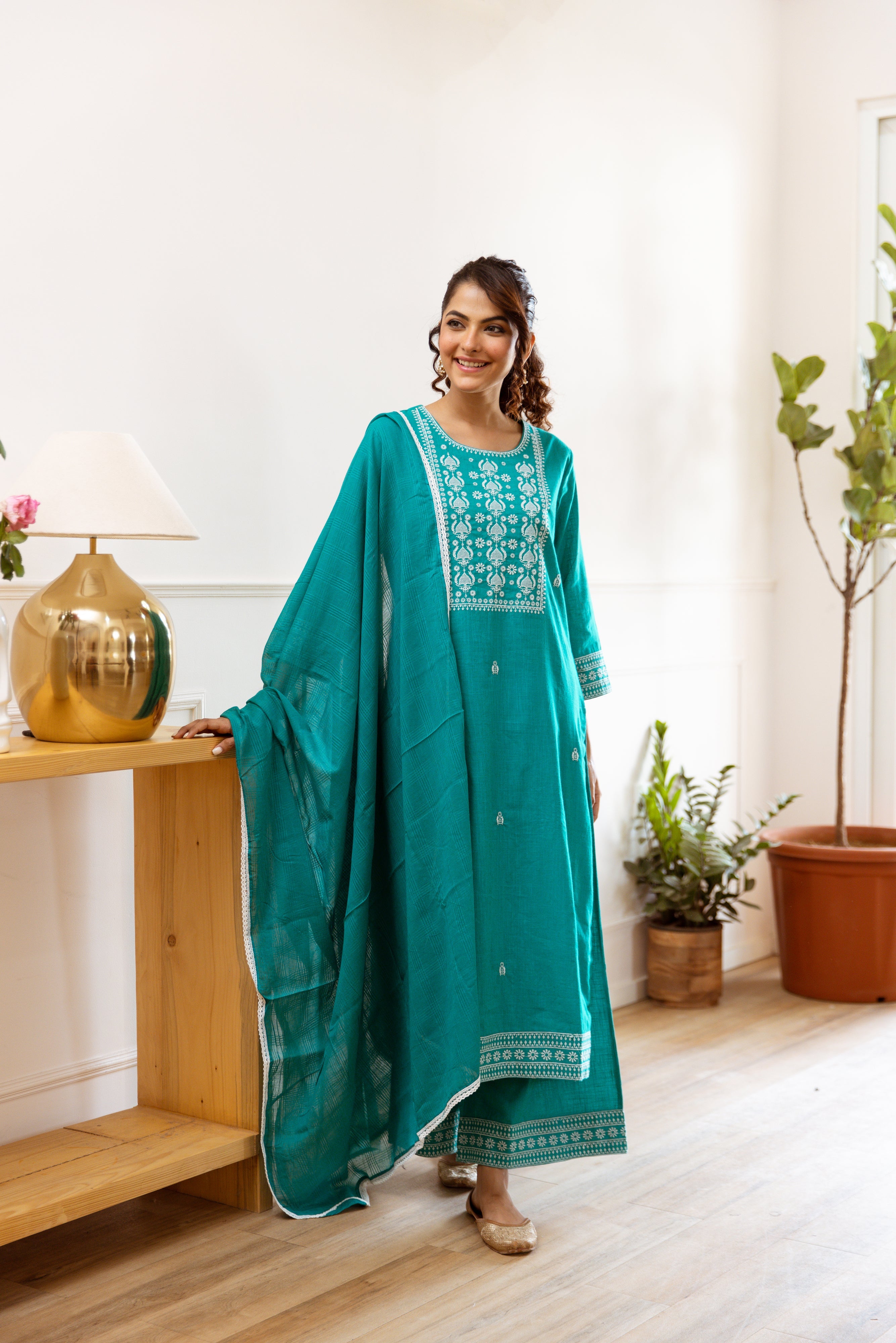 Women's Green Cotton Slub Kurta, Palazzo and Dupatta Set