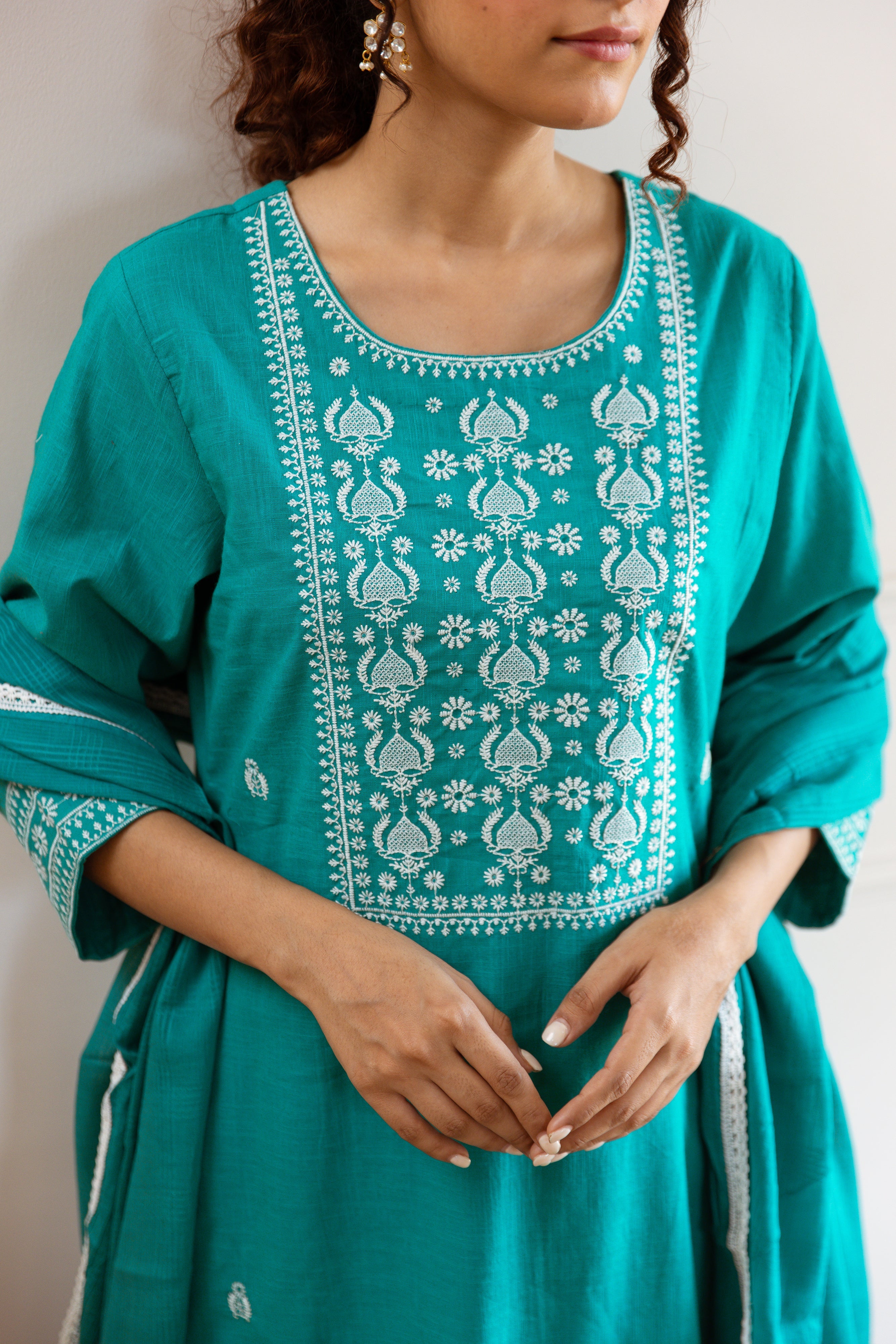 Women's Green Cotton Slub Kurta, Palazzo and Dupatta Set
