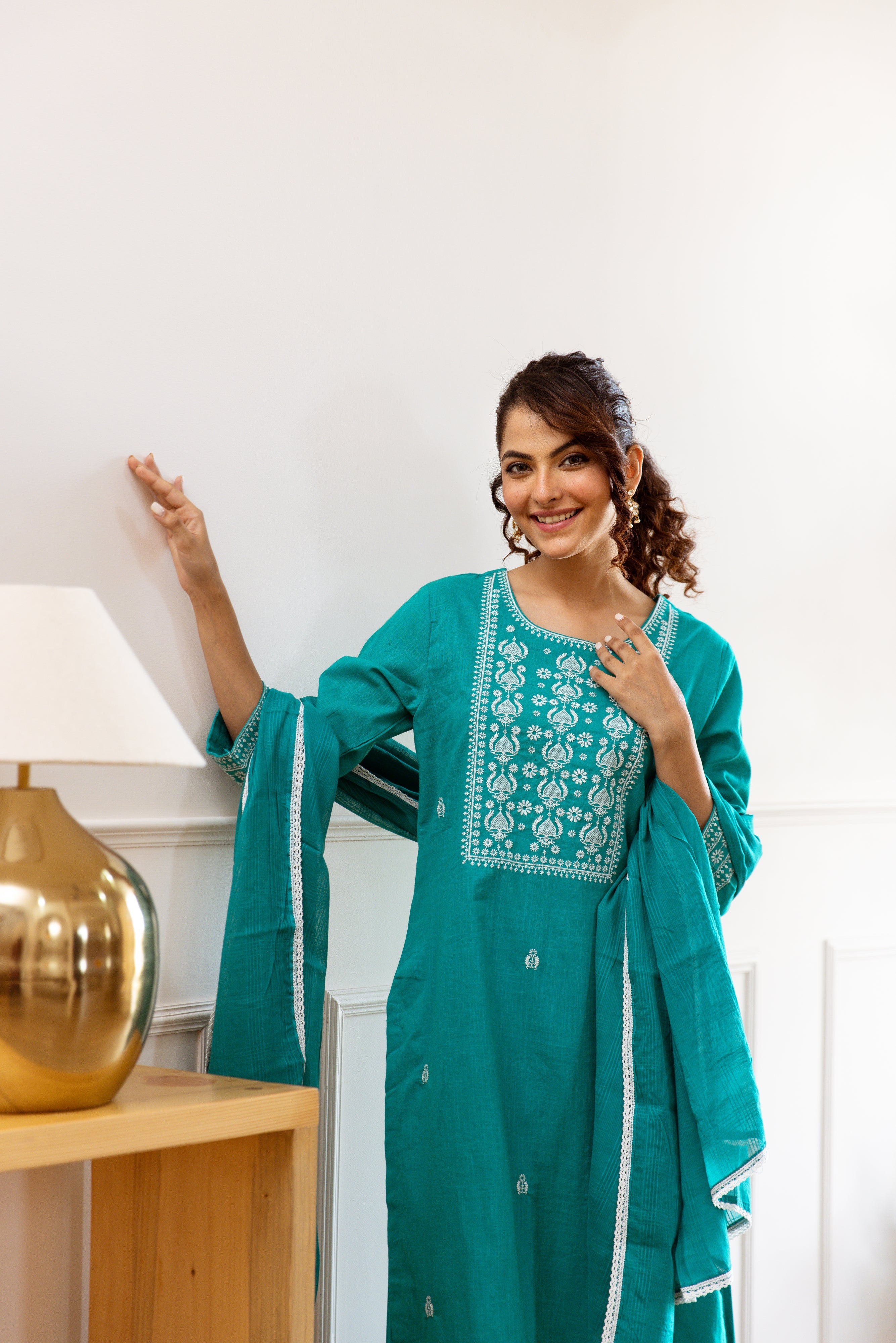 Women's Green Cotton Slub Kurta, Palazzo and Dupatta Set
