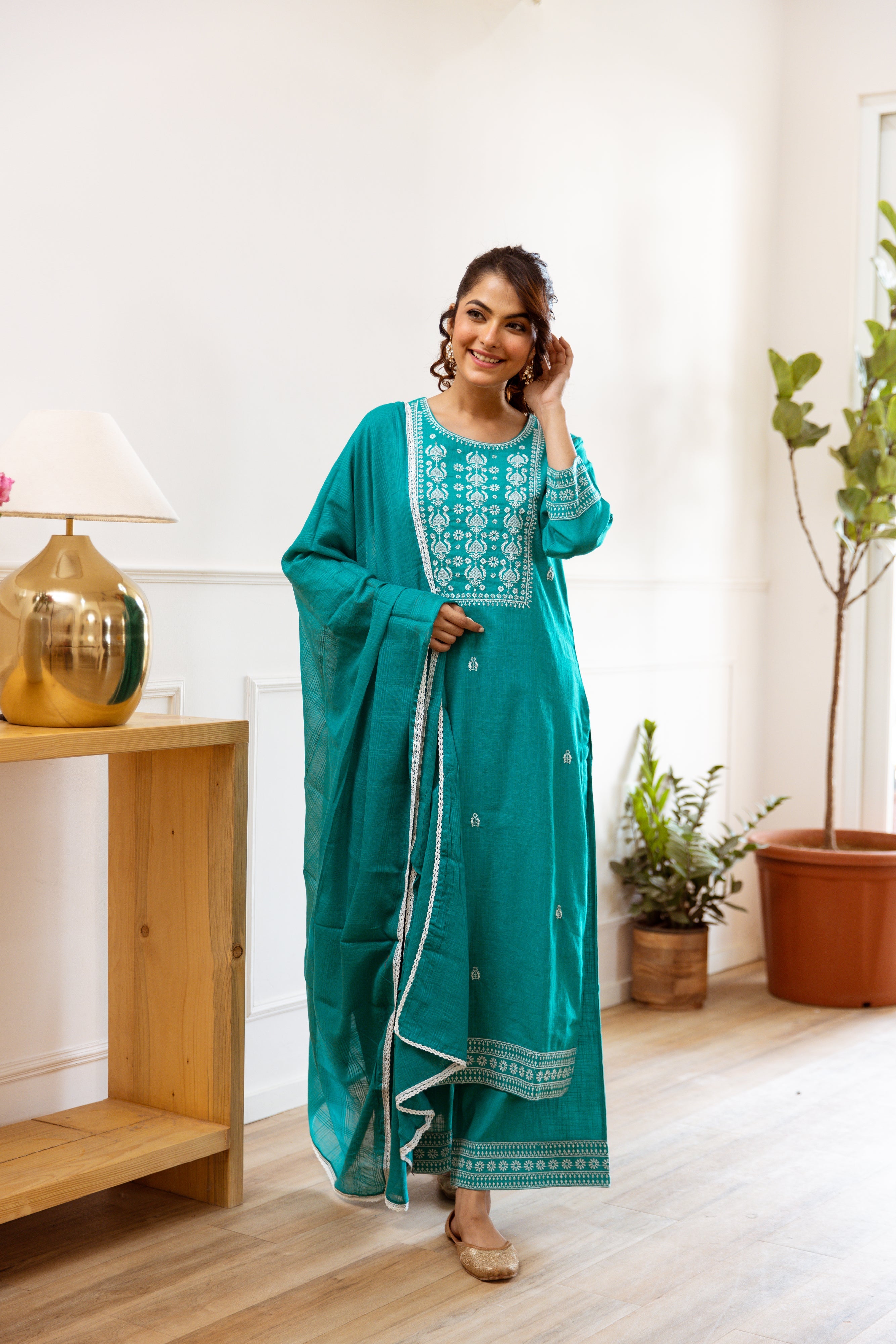 Women's Green Cotton Slub Kurta, Palazzo and Dupatta Set