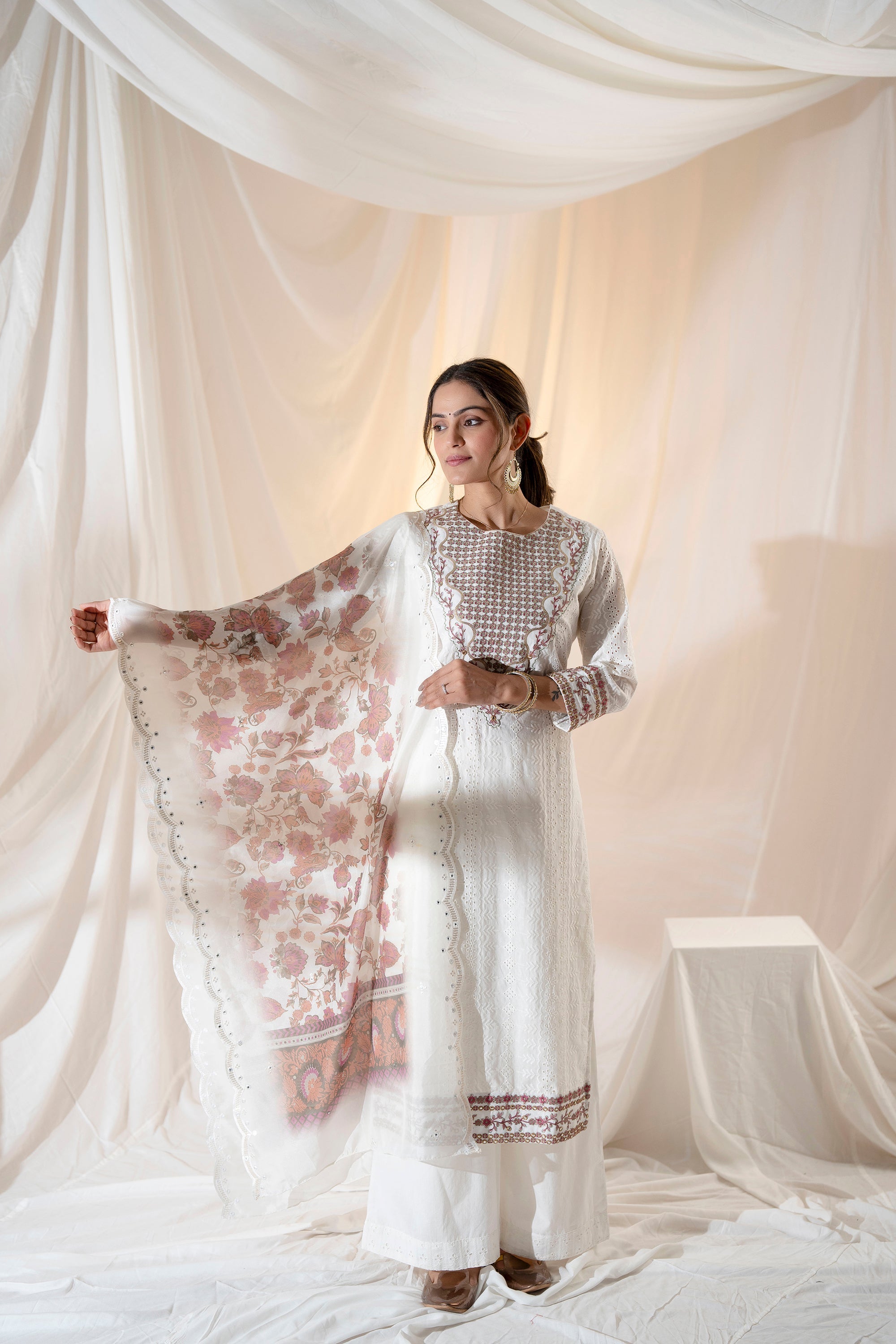 Women's White Cotton Kurta Palazzo and Dupatta Set