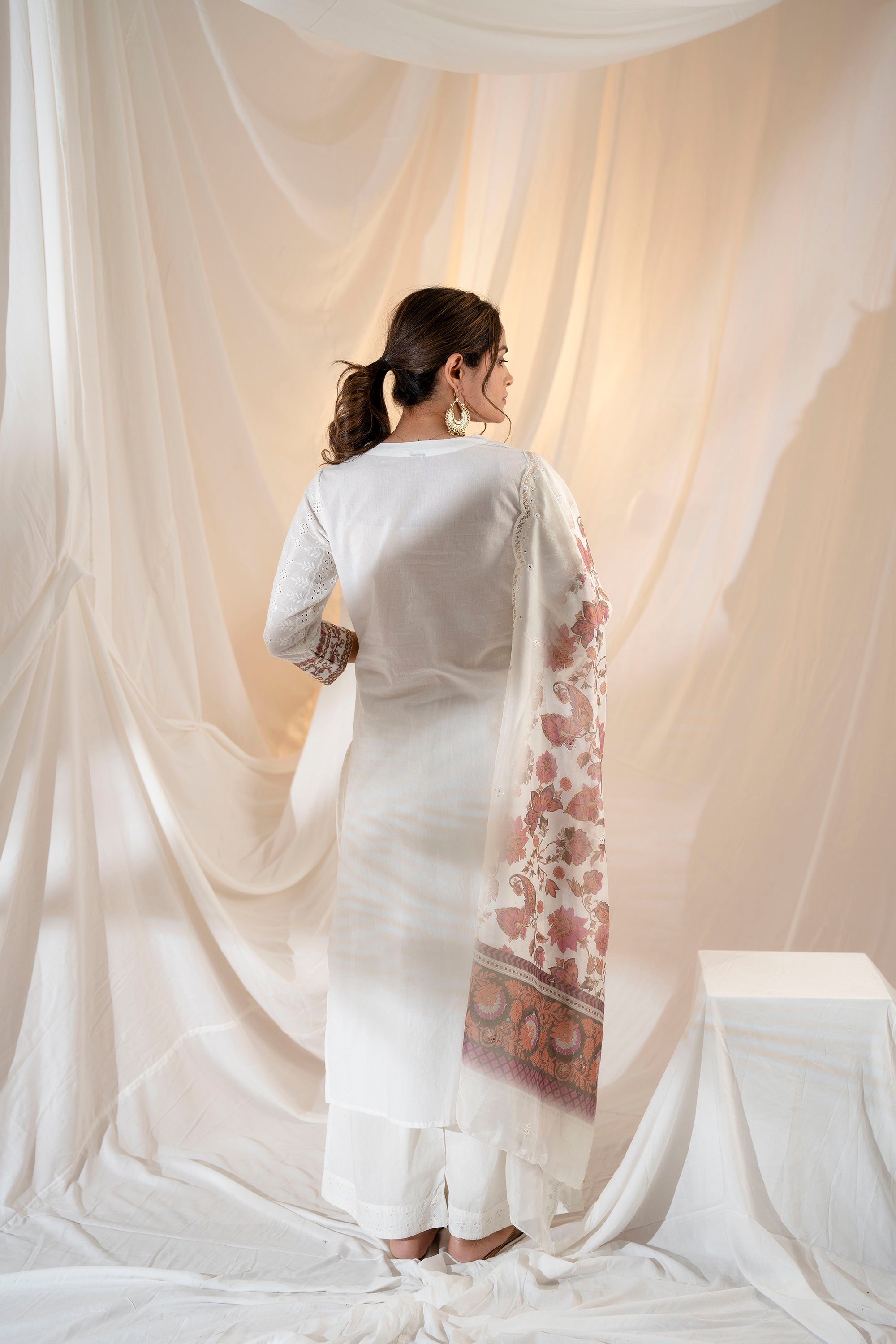 Women's White Cotton Kurta Palazzo and Dupatta Set