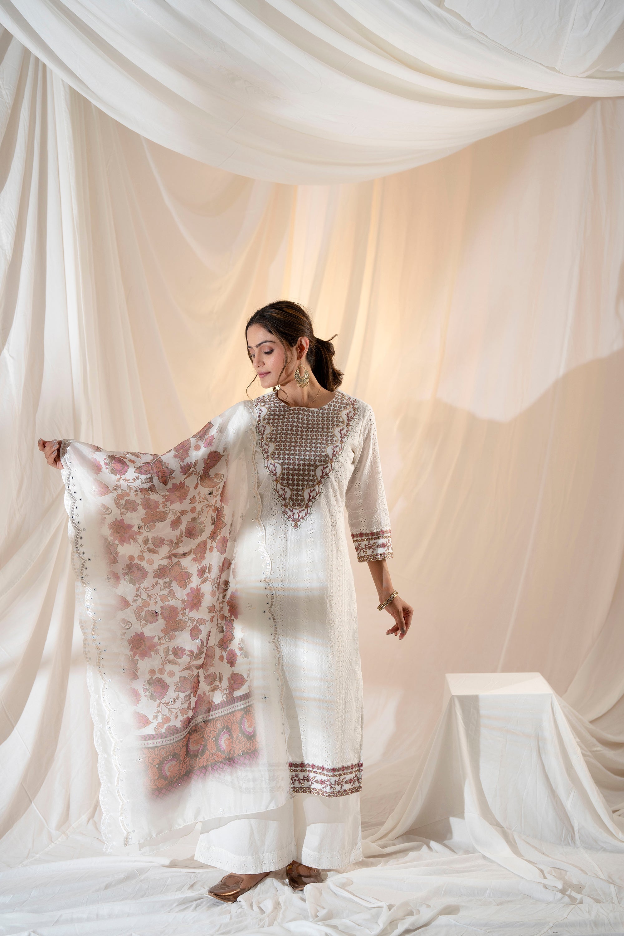 Women's White Cotton Kurta Palazzo and Dupatta Set