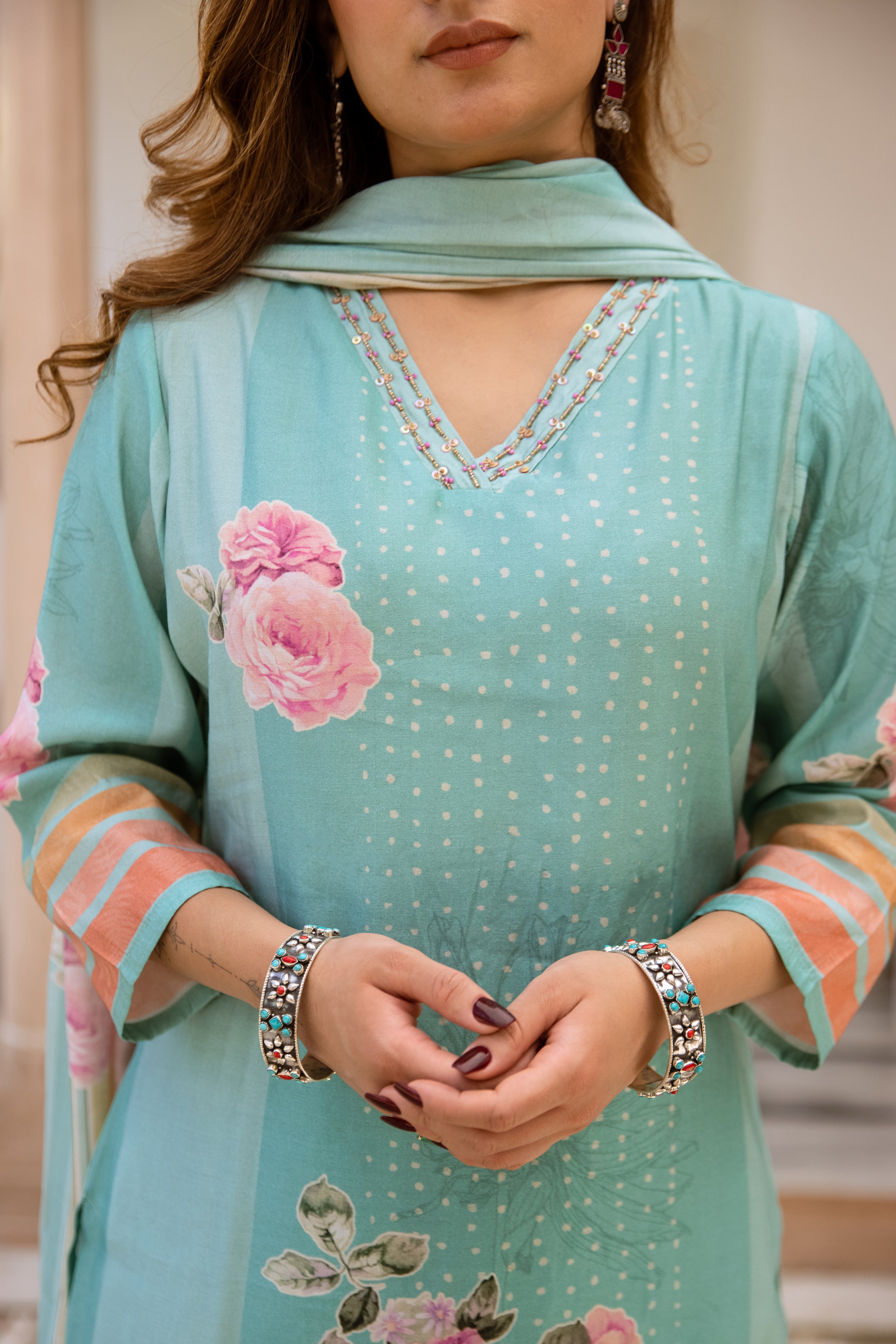 womens Turquoise Modal Muslin Kurta Pant and Dupatta Set