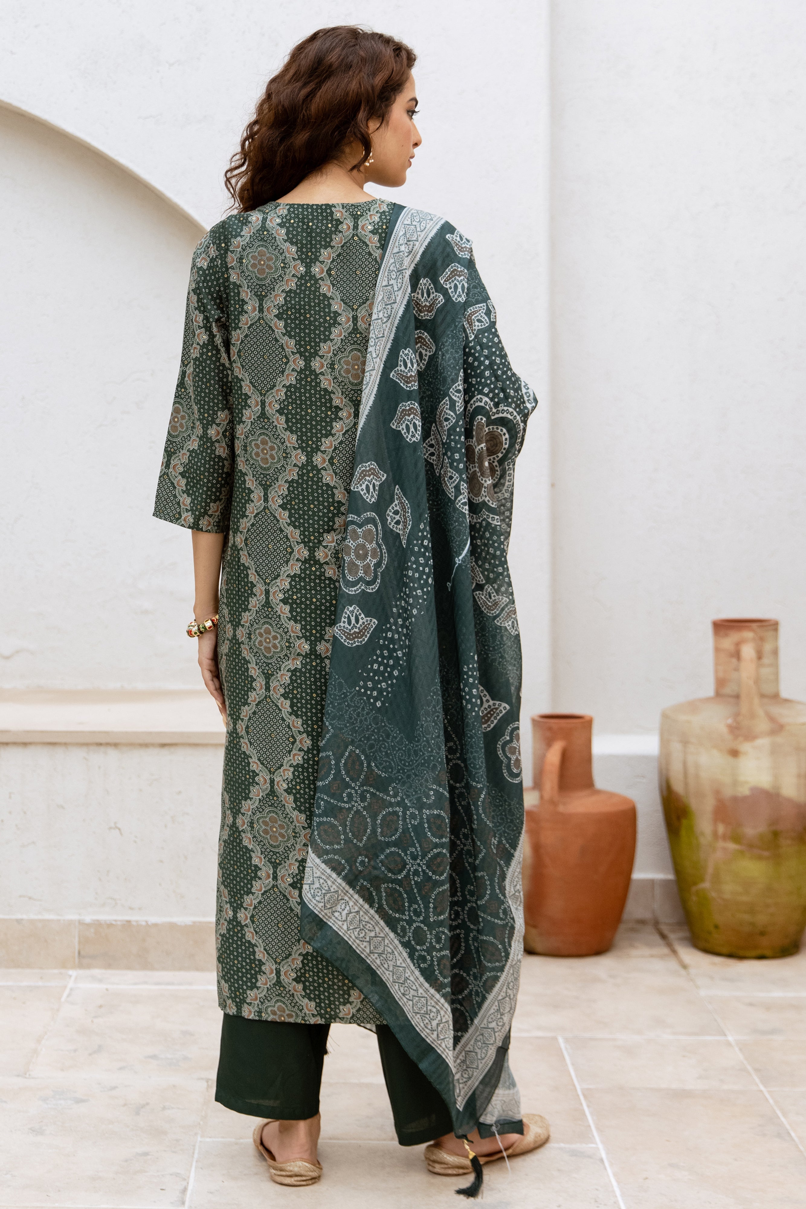 Women's Bottle Green Modal Muslin Kurta Pant and Dupatta Set