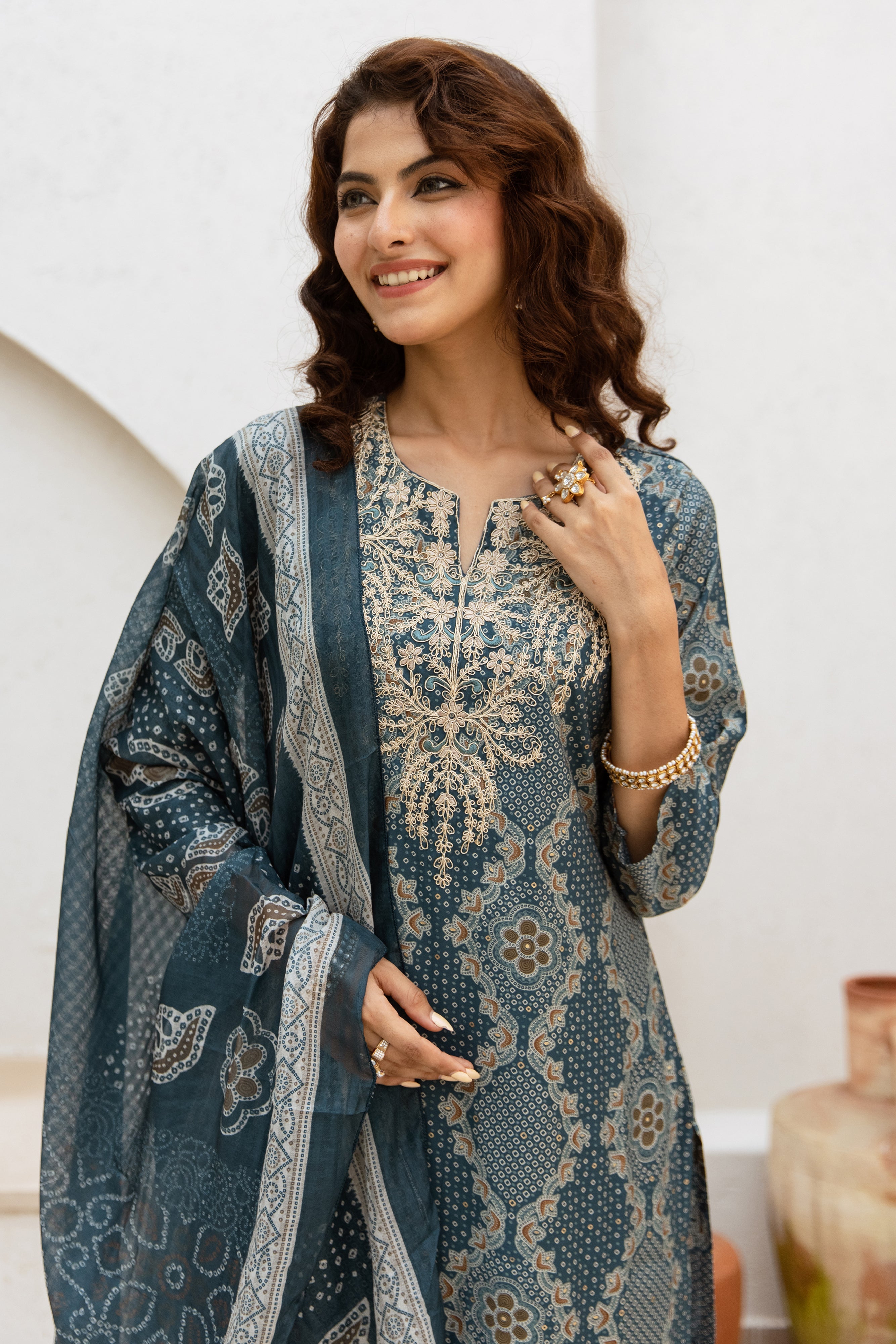 Women's Turquoise Modal Muslin Kurta Pant and Dupatta Set
