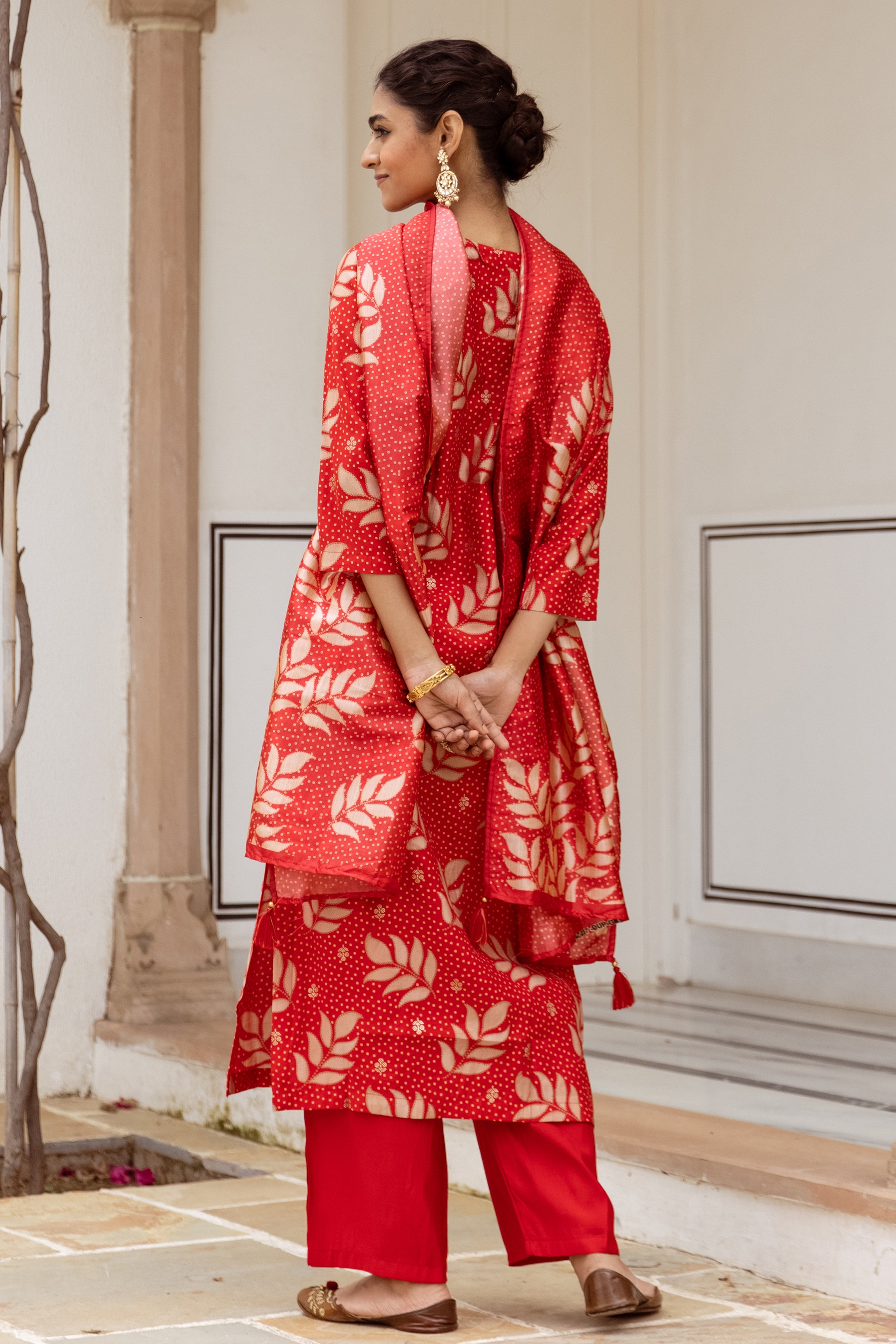 Women's Red Modal Muslin Kurta Pant and Dupatta Set