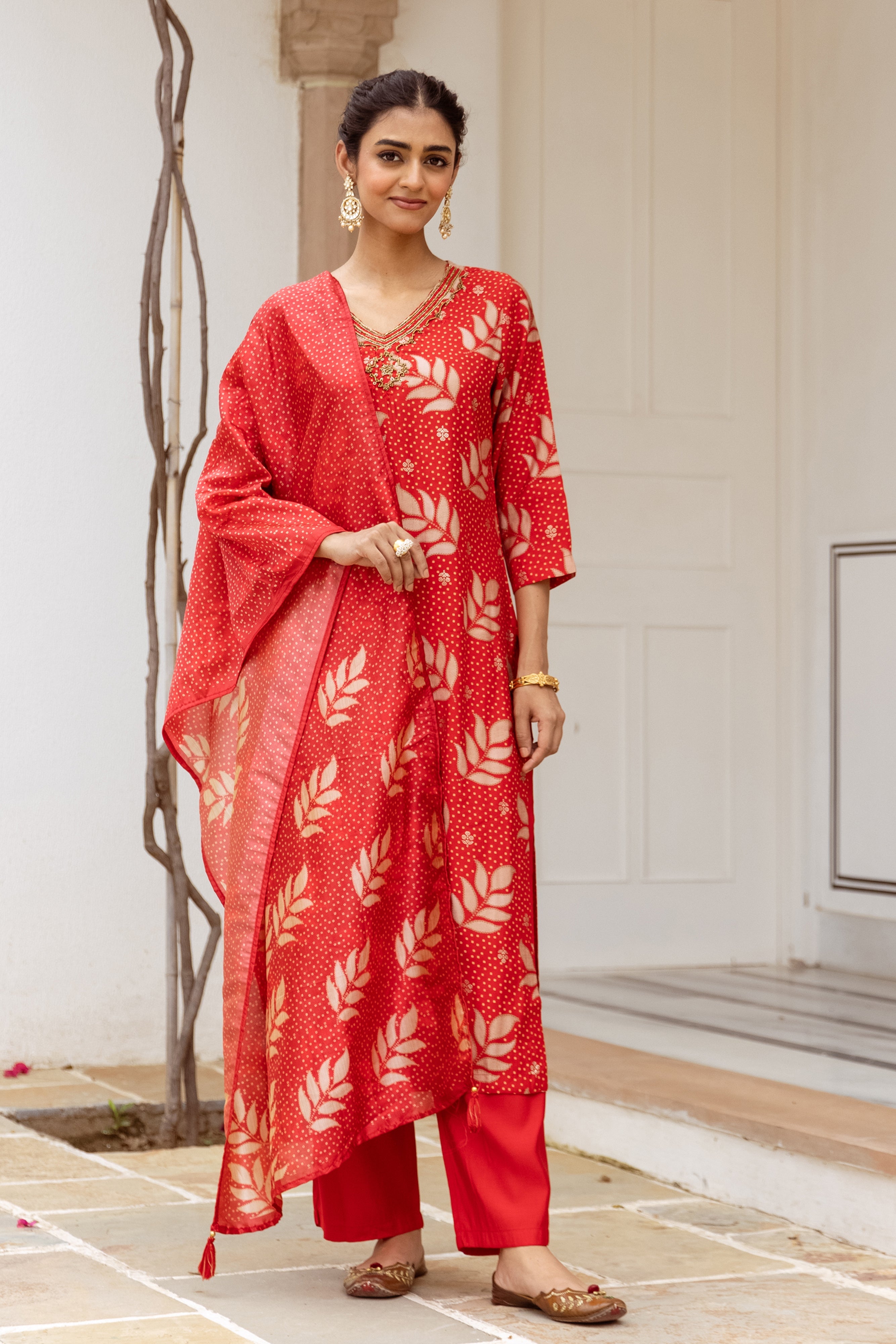 Women's Red Modal Muslin Kurta Pant and Dupatta Set