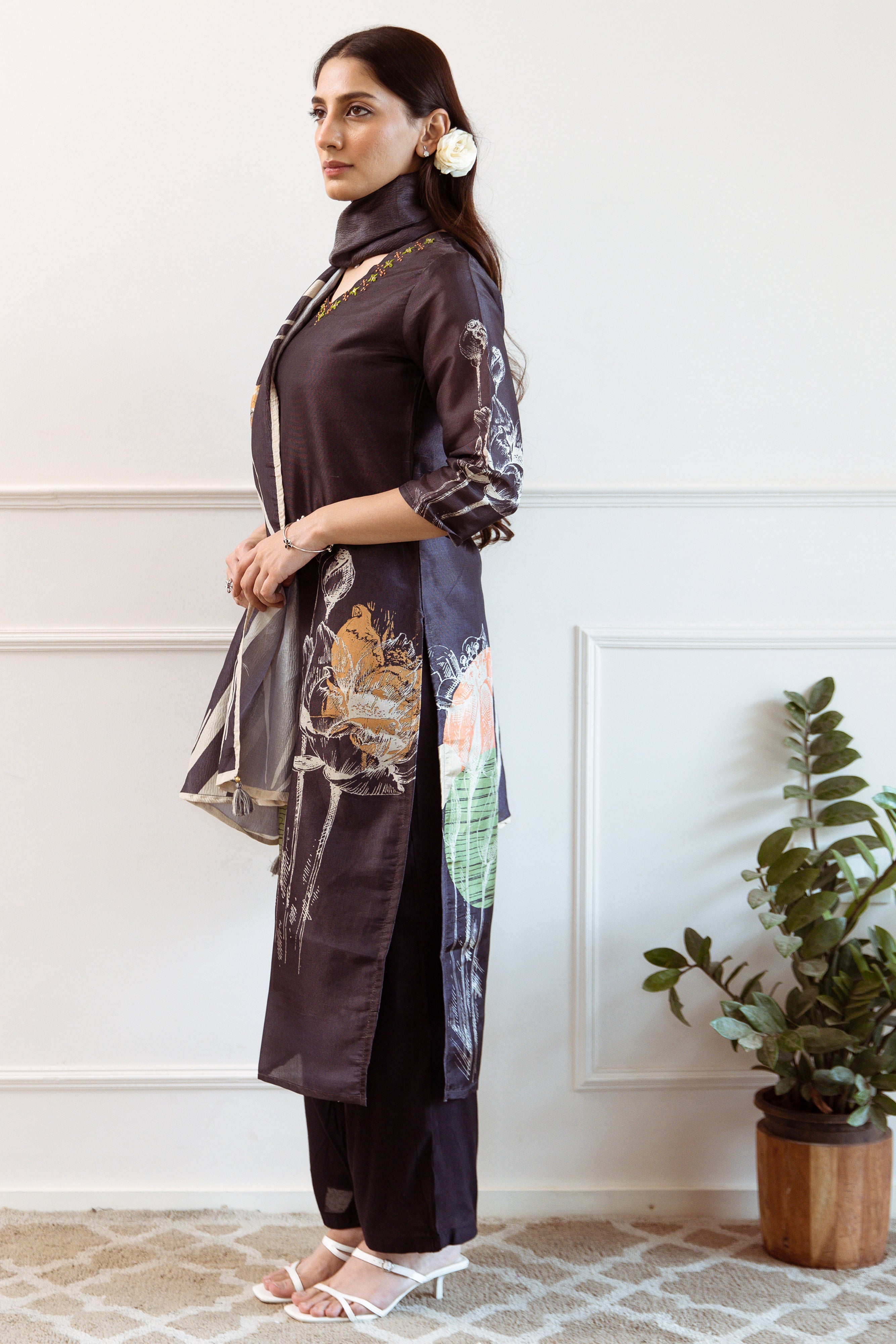 Women's Black Tissue Silk Kurta Pant and Dupatta Set