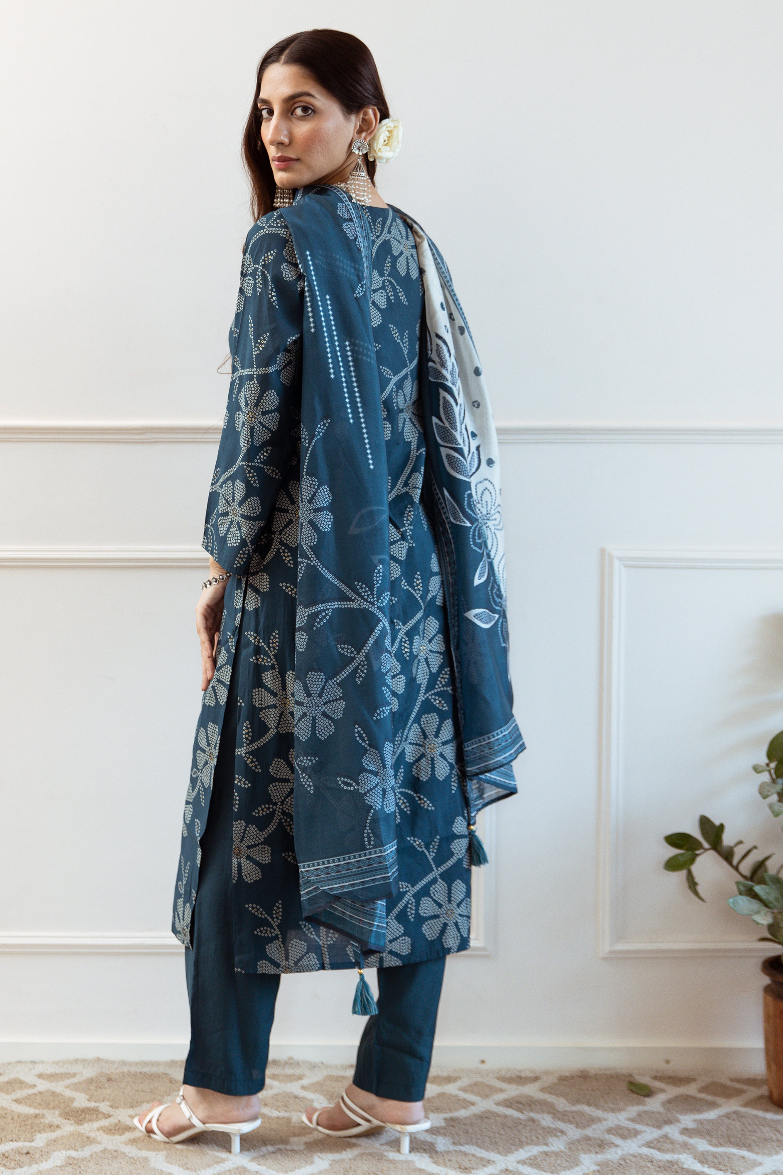 Women's Teal Modal Muslin Kurta Pant and Dupatta Set