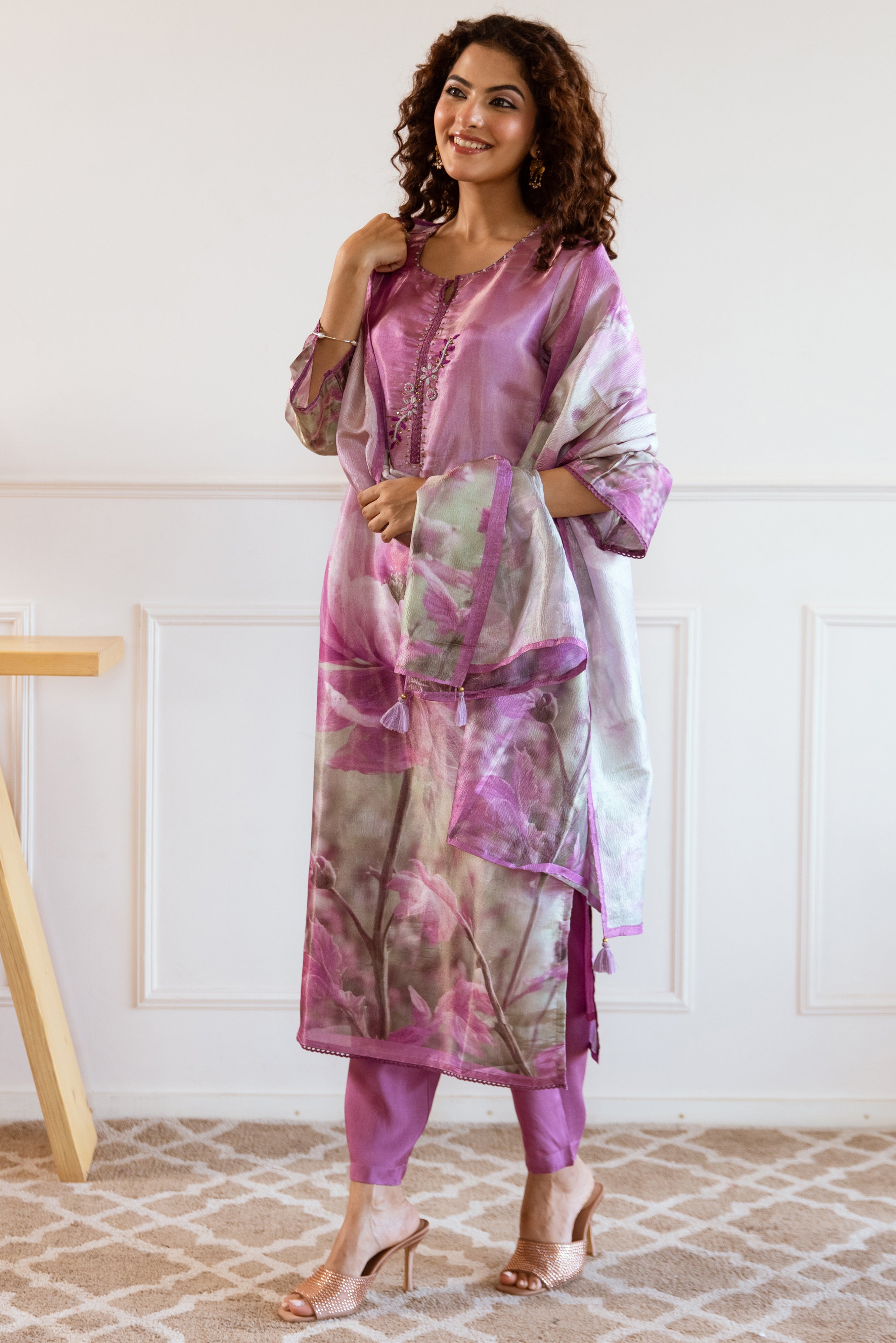 Women's Purple: Grey Tissue Silk Kurta Pant and Dupatta Set