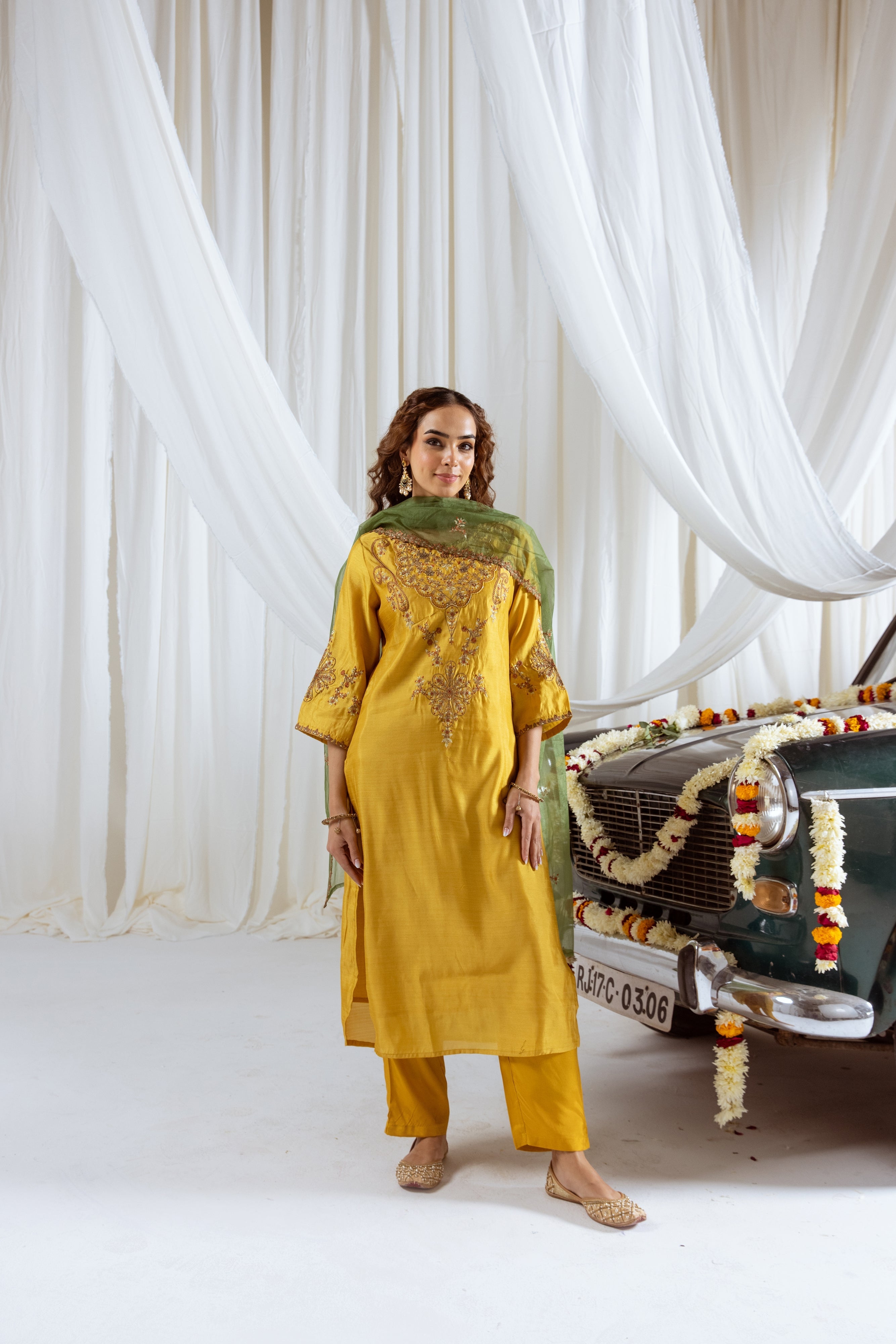 Mustard Muslin Silk Kurta Pant and Dupatta Set